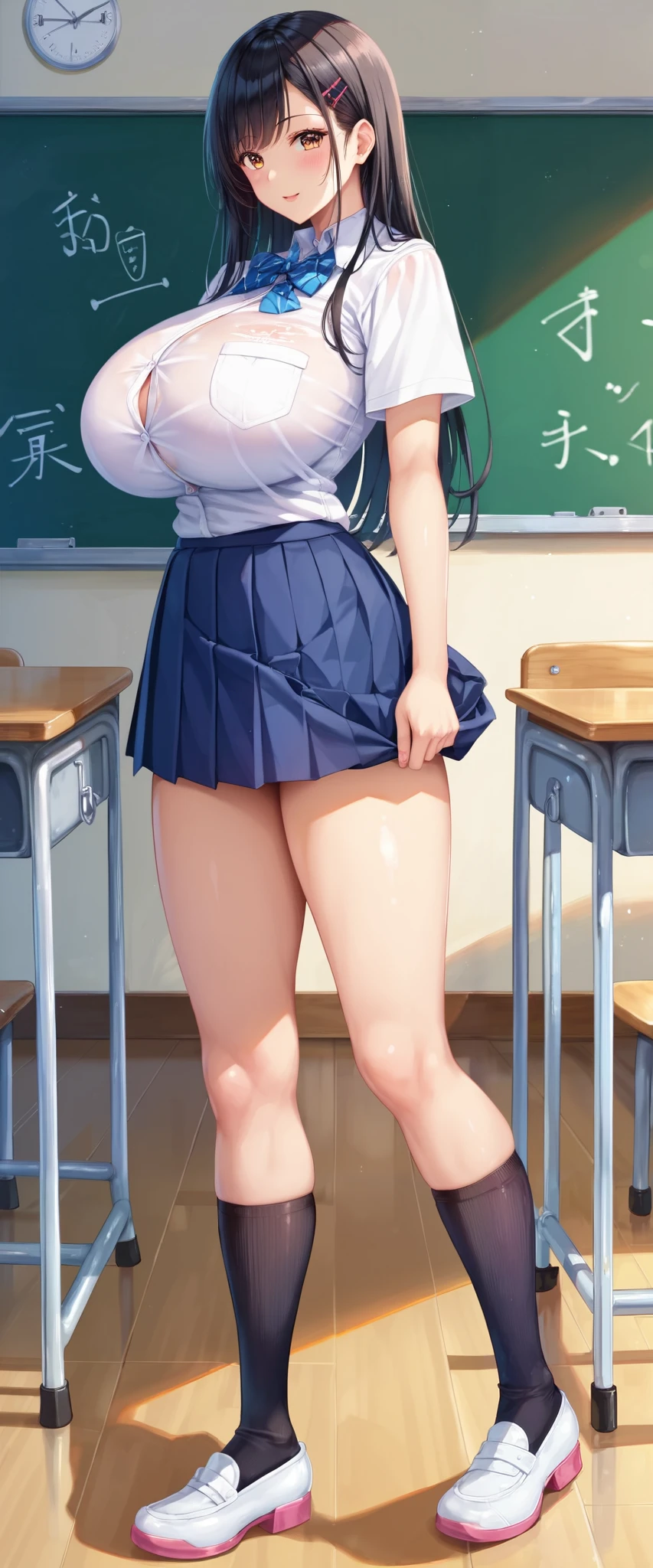 (master piece, best quality, detailed, absurd:1.2), 1 Japanese woman, high school girl, (With bangs, straight long black hair), beautiful character design, perfect face, beautiful eyes with attention to detail, brown eyes, ( school uniform,White collar shirt,pleated skirt), (垂れた huge breasts:1.0), (In a classroom where no one else is), (from behind:1.2), orbital space, (full body:1.2)