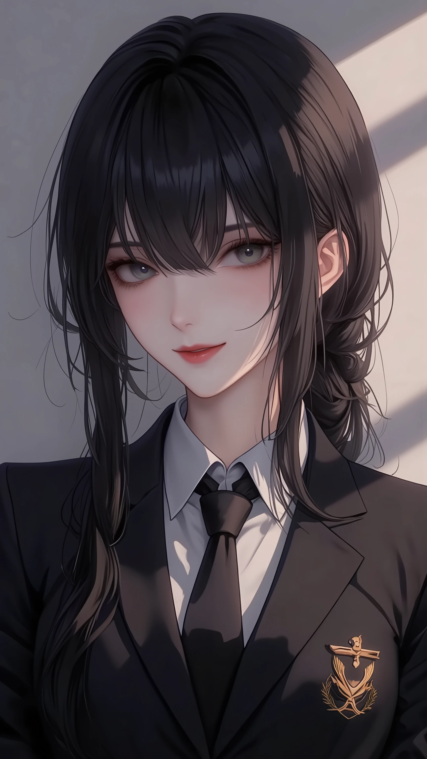 ((Highest quality)),( super high definition ),(very well detailed),( detailed description),(( best CG )),(masterpiece), Ultra Detailed Art ,Amazing Painting Art,(Art with Delicate Details:1.5), woman:1.5, beautiful well-groomed face, glossy long black hair, Smile, simple blouse , blazer uniform, tie, emblem,