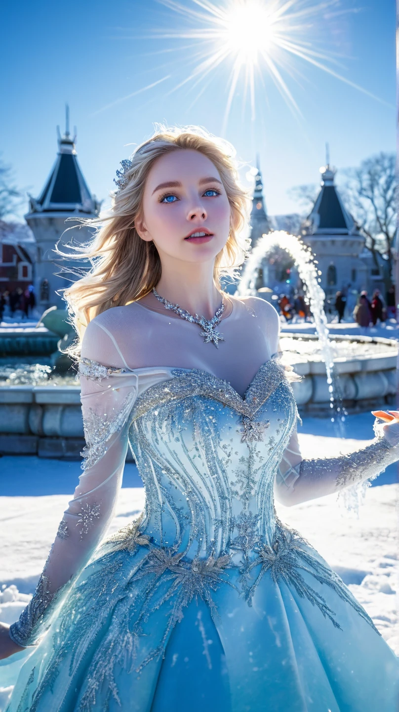A cute woman with blue skin, deep blue eyes, pointy ears, waist length pale hair, wearing a sapphire sequin sparkling evening gown, inspecting her ice sculpture flower garden in a snow landscape at twilight, masterpiece, highly detailed, photorealistic, 8k, hyperrealistic, intricate details, cinematic lighting, dramatic colors, fantasy, elegant, magical, whimsical, ethereal
