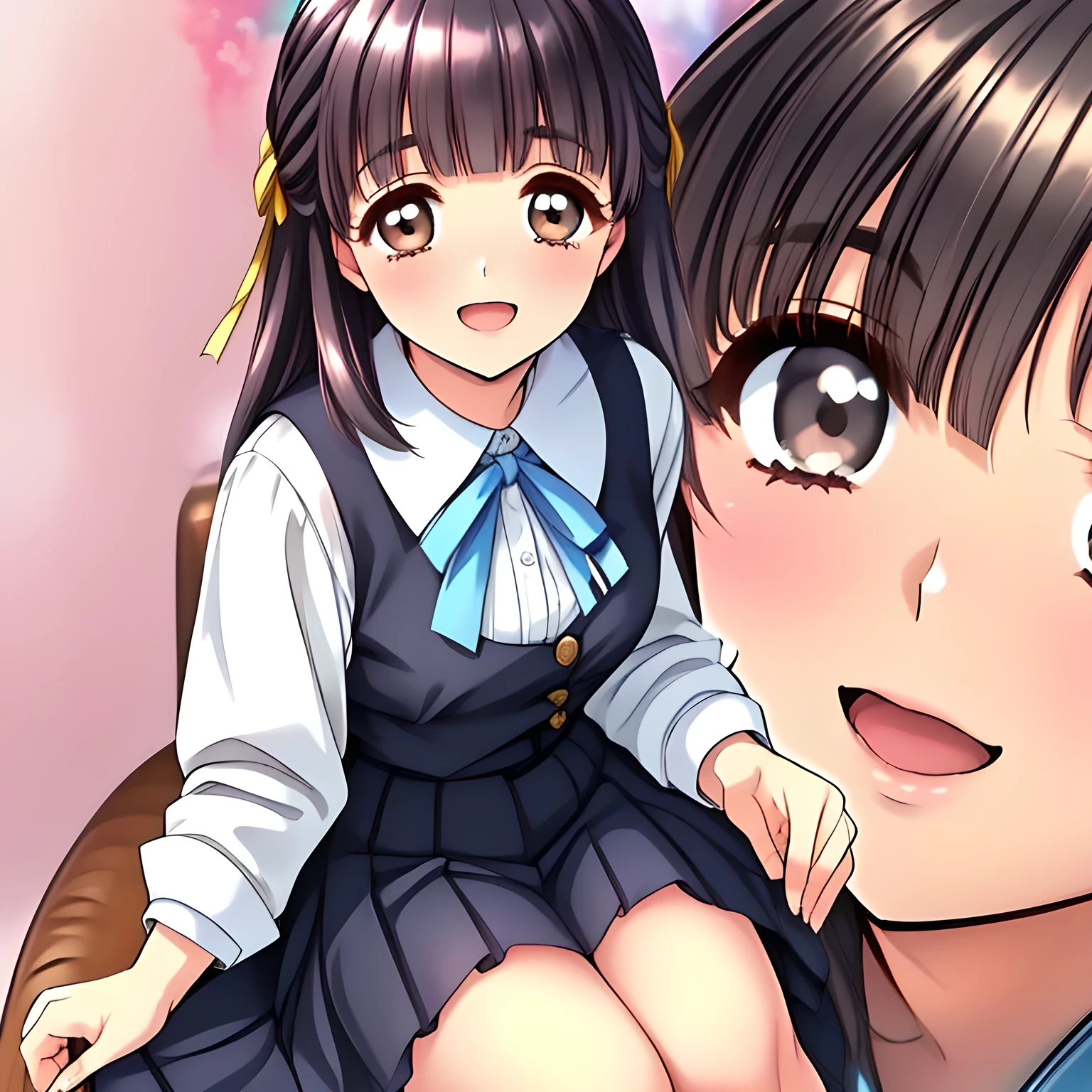 (highest quality, masterpiece:1.2), highest quality, High resolution, 1080p, 8K, (Some yo beautiful pretty fashion model succubi are seated in a train, hypnotizing me by their neat beauty, ((laughing at me)), (looking me down), most beloved girl in Japan, (intelligent and perfectly balanced slender style), feeling too funny, amazingly neat & clean, in peace and neat lovely strong charm, cutely tilted head, 8), (Too noble beautiful lady like a love-story comic heroine), (laughing like watching a comedy), A very lovely, very noble, pretty and pure beautiful girls. ((Bursting out Laughing very elegantly)), ((white grown face)), Using expensive whitening cosmetics by cosmetics artist: 1.2), Glossy lips, (curled) bangs, (Too beautiful blue fascinating shiny (double-lidded) (brown eyes) with love to the viewer, ((deep upper girly eyelid)), ((huge eye pupils)), laughing with detailed clearly: 1.5), (Dark blue vest school uniform, (Neat smart (white school frilled blouse))): 1.8), (A very neat, ((realistic), (dark-blue) pleated blue school skirt): 1.6), (too pretty shiny light-yellow realistic school ribbon): 1.5), (Shiny love-story heroine lips, extremely laughing open mouth: 1.0), ((amazingly beautiful black hair: 1.5)), (Hair Ribbon ties (black hair), The ribbon is big and very pretty), (Tight waist, slender: 1.5), (The background is (plain black space ) to emphasize her fascination: 1.8), (The lady knows well about the viewer's super fetishism for school uniforms, and satisfies it completely in the viewer's lewd dream: 1.7), (beautiful neat fascinating cute noble atmosphere in a high school only for beautiful girls to learn how to hypnotize: 1.8), (early in the morning: 1.5), (Show your prettiest expression!!: 1.5), (Everything is gorgeous, organized to have strong effect of hypnosis for the viewer to fall into happy dream with many beautiful girls, the viewer is transferred to the world of the beautiful succubi when he sees this picture: 1.5)