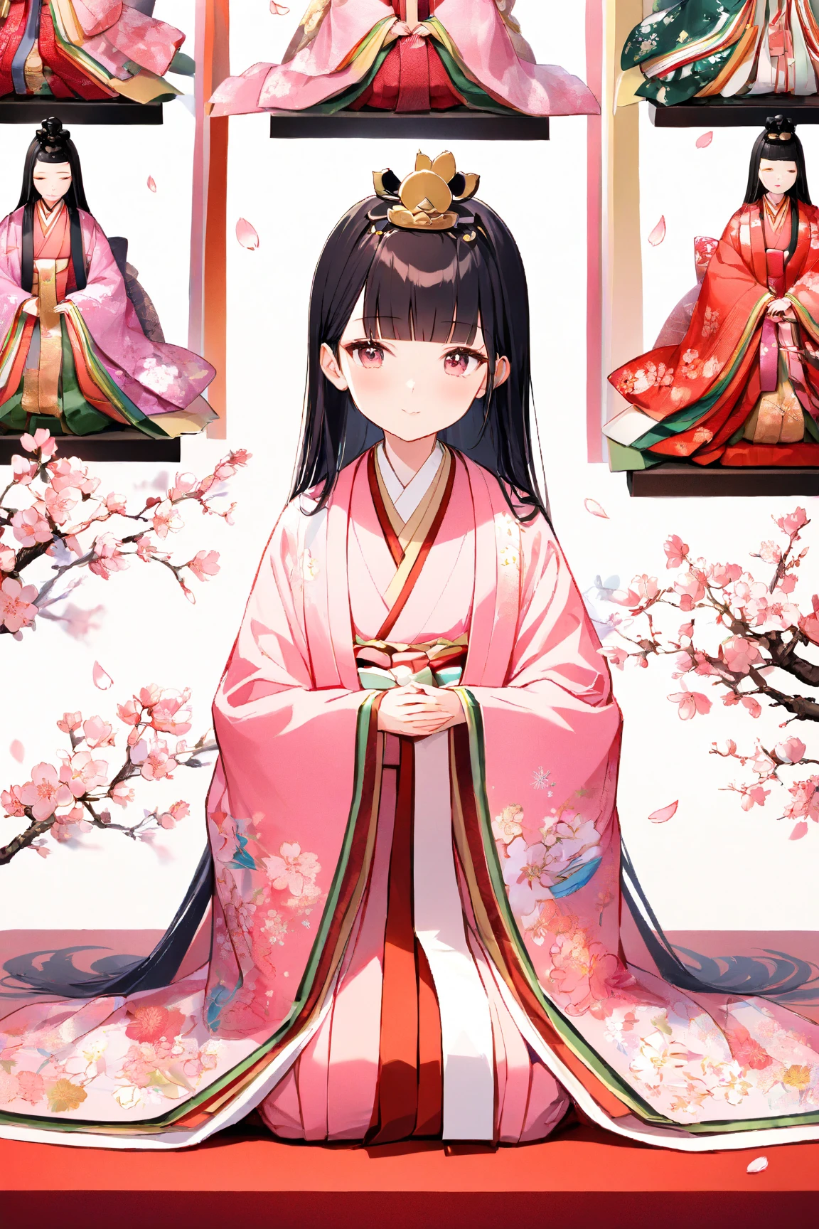 (masterpiece:1.2), (best quality:1.2), (very aesthetic:1.2), (absurdres:1.2), ultra-detailed,extremely detailed,beautiful,extremely detailed CG,ultra detailed background, 8k,16k,perfect hair, perfect fingers,
BREAK,
a girl's doll,(solo),beautiful,expressionless, mouth closed, (blunt bangs), black hair,long hair, blunt ends,((forehead)), black eyes,(pink kimono with floral pattern),((dark red haori with floral pattern)),smiling,((peach blossom)),full body, seiza
BREAK,((white background)),flat style,spring atmosphere,pink pastel colors,(Hinamatsuri:1.5),
, peach blossom,red carpet,peach blossoms petals,juni hitoe dolls background,