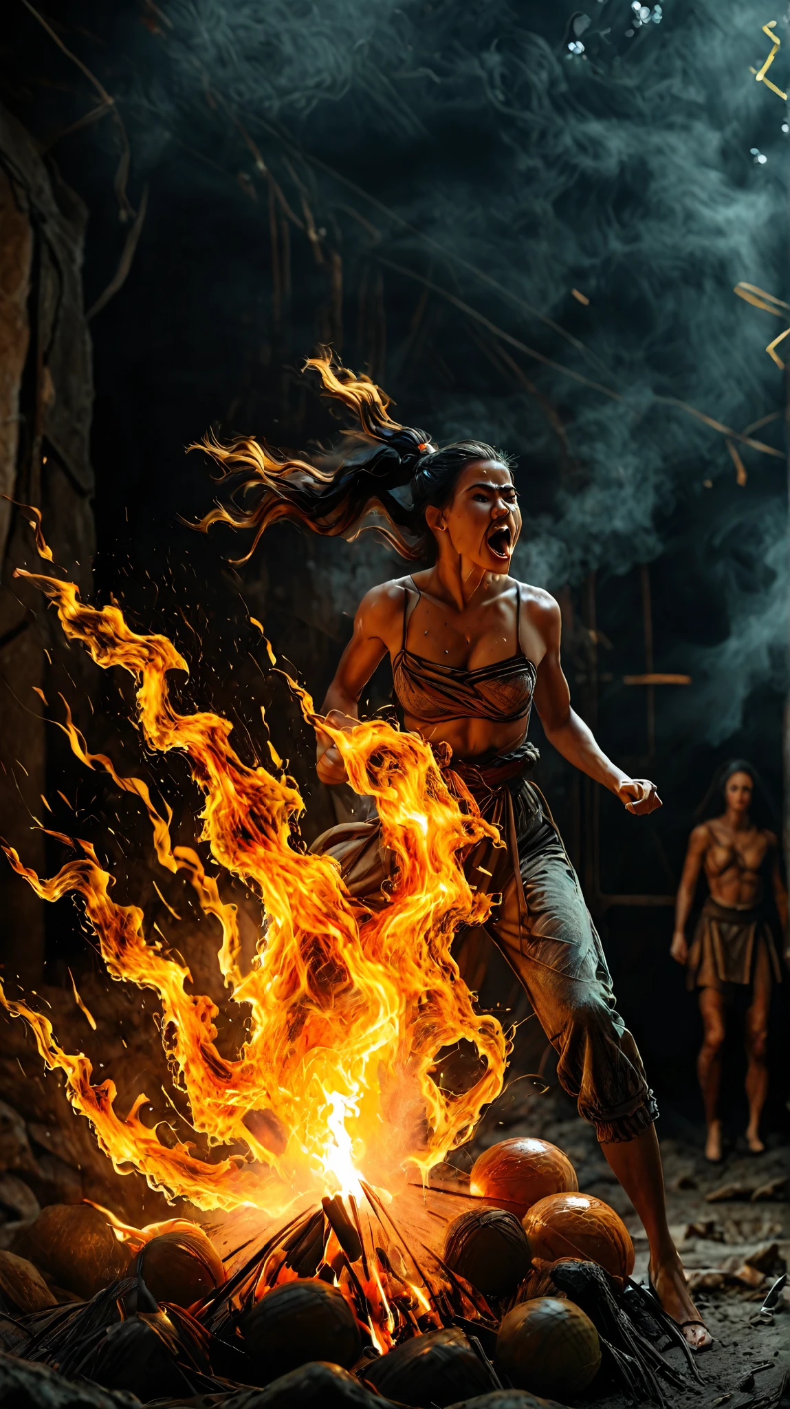 a ball of fire explodes from a person's mouth, detailed facial features, intense expression, fiery tongue, scorching heat, dramatic action, dynamic pose, digital art, concept art, 4K, ultra-detailed, photorealistic, cinematic lighting,dramatic atmosphere,vivid colors,masterpiece