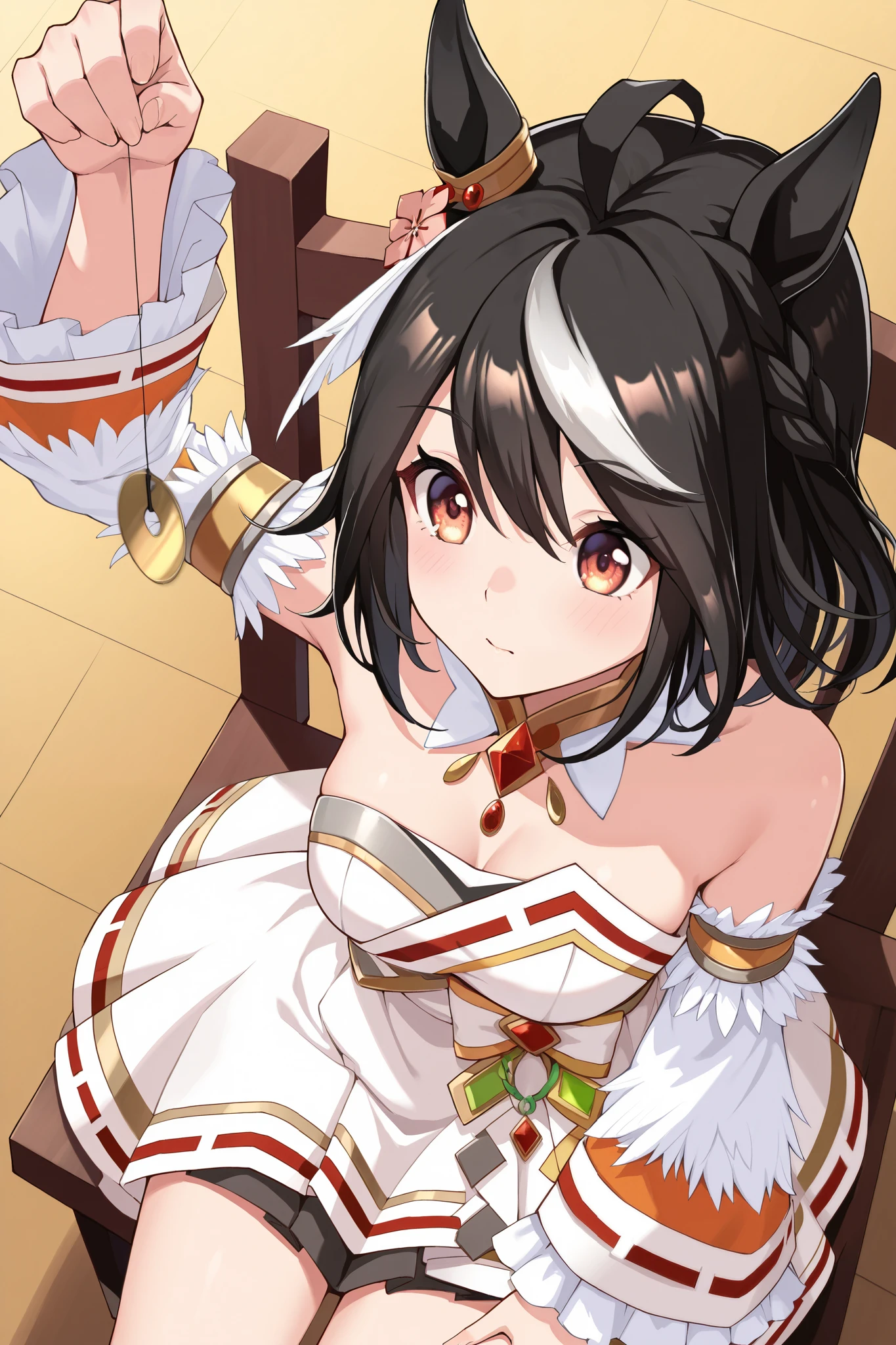 (masterpiece, ultra high definition, 16k, RAW photo, intricate), (sharp focus, crisp details), (rich colors, vibrant details), noise reduction, 1girl , ((Kitasan Black \( Uma Musume\)), (One Pendulum , Swinging pendulum, Pendulum before her eyes:1.9), sitting chair, place hands on thighs , (official costume), skirt, (whiteレースのパンティが少し見える), (cowboy shot), from above, white, Jubilant Star Kisshogaku , Long Sleeve, white毛皮の襟, armlet, white strapless japanese dress , Parallel Side Strap