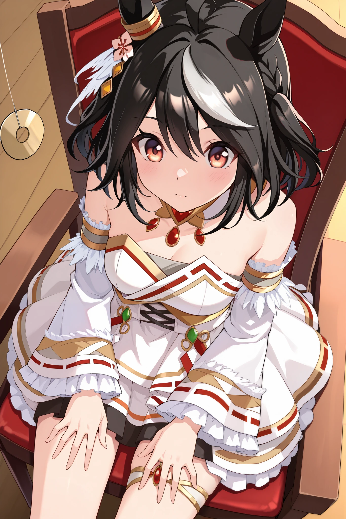 (masterpiece, ultra high definition, 16k, RAW photo, intricate), (sharp focus, crisp details), (rich colors, vibrant details), noise reduction, 1girl , ((Kitasan Black \( Uma Musume\)), (One Pendulum , Swinging pendulum, Pendulum before her eyes:1.9), sitting chair, place hands on thighs , (official costume), skirt, (whiteレースのパンティが少し見える), (cowboy shot), from above, white, Jubilant Star Kisshogaku , Long Sleeve, white毛皮の襟, armlet, white strapless japanese dress , Parallel Side Strap