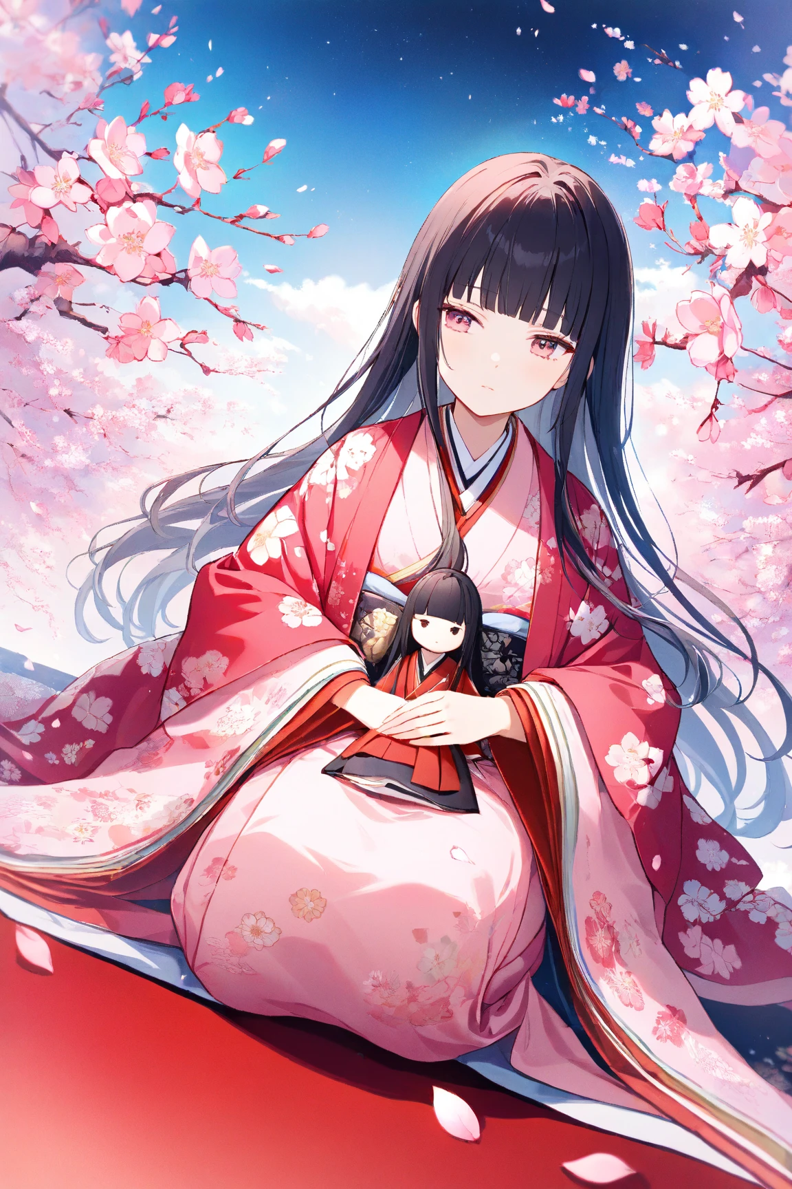 (masterpiece:1.2), (best quality:1.2), (very aesthetic:1.2), (absurdres:1.2), ultra-detailed,extremely detailed,beautiful,extremely detailed CG,ultra detailed background, 8k,16k,perfect hair, perfect fingers,
BREAK,
a girl's doll,(solo),beautiful,expressionless, mouth closed, (blunt bangs), black hair,long hair, blunt ends,((forehead)), black eyes,(pink kimono with floral pattern),((dark red haori with floral pattern)),smiling,((peach blossom)),full body, seiza
BREAK,((white background)),flat style,spring atmosphere,pink pastel colors,(Hinamatsuri:1.5),
, peach blossom,red carpet,peach blossoms petals,small juni hitoe dolls background,dynamic angle
