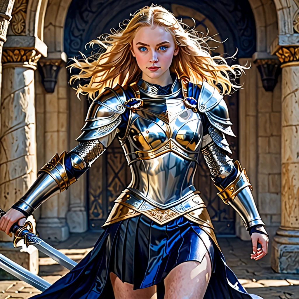 amazing quality,masterpiece,best quality,hyper detailed,ultra detailed,UHD,perfect anatomy,perfect body,(in castle:1.2),beautiful girl fighter, light armor coat,detailed blue eyes,wearing dragon gauntlet on her both hands,dazzling,polishing,aura,various hair style,very long hair,extremely detailed,battle pose positions,