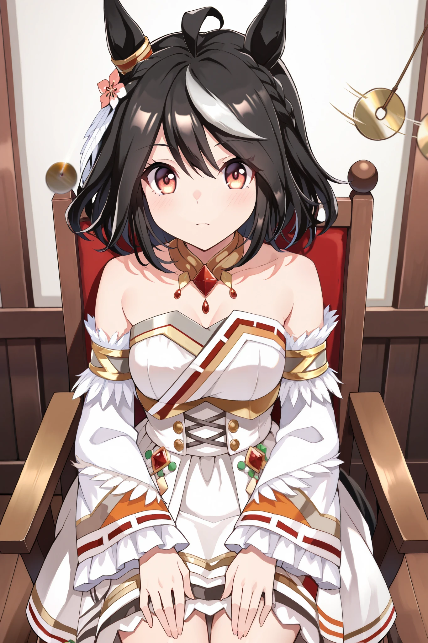 (masterpiece, ultra high definition, 16k, RAW photo, intricate), (sharp focus, crisp details), (rich colors, vibrant details), noise reduction,  1girl ,  ((Kitasan Black \( Uma Musume\)), (One Pendulum , Swinging pendulum, Pendulum before her eyes:1.9), sitting chair,  place hands on thighs , (official costume), skirt, (whiteレースのパンティが少し見える), (cowboy shot), white,   Jubilant Star Kisshogaku  ,  Long Sleeve, white毛皮の襟, armlet,   white strapless japanese dress ,  Parallel Side Strap  
