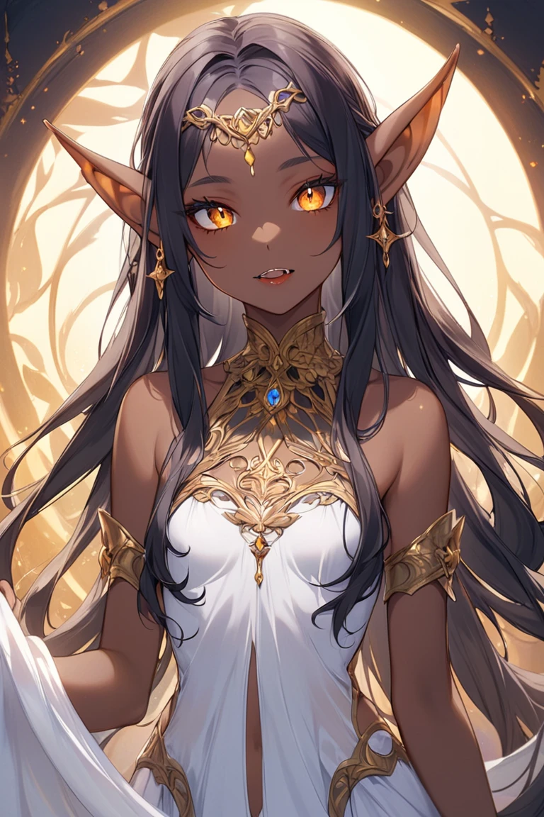 score_9, score_8_superior, score_7_superior, score_6_superior,an anime illustration of a woman wearing a lot of gold jewelry and black hair, 1girl, breasts, jewelry, animal ears, large breasts, solo, dark-skinned female, dark skin, long hair, yellow eyes, navel, black hair, earrings, looking at viewer, necklace, cleavage, choker, blush, armlet, pointy ears