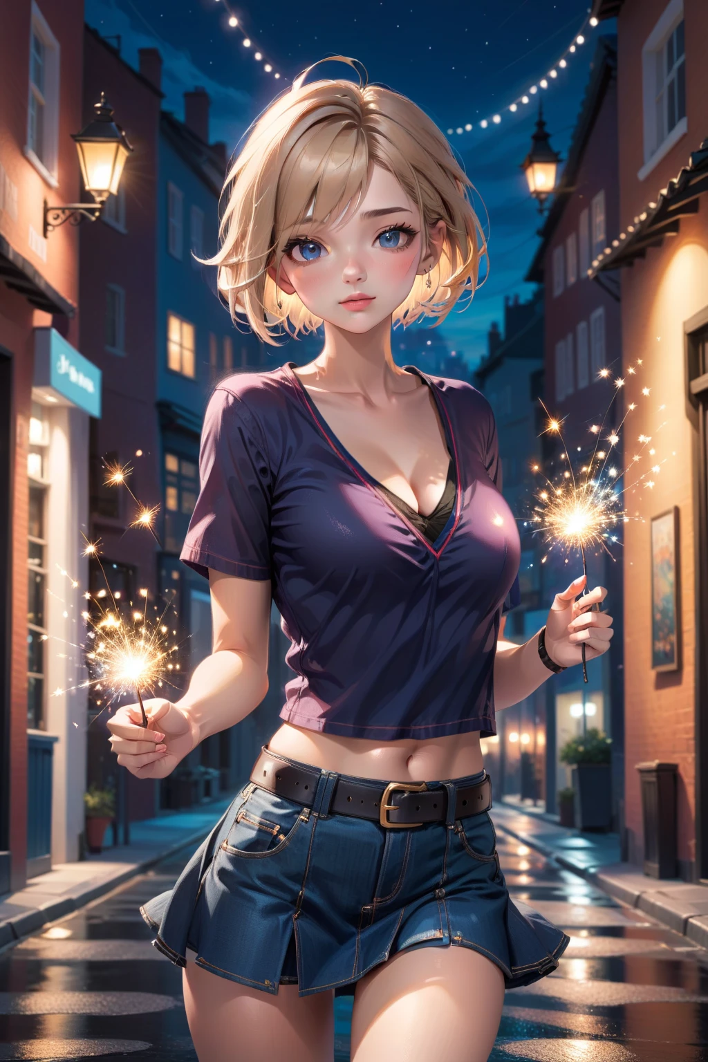 1girl,solo,(shiny clothes),(pink strapless),tight dress, midriff,pencil skirt,highleg,green skirt, twintails, (loli:1.8),eyelashes, (makeup:1.4),(lipstick:1.4), (night:1.3), flat chest, pink eyes, blonde hair, smirk, alley,against wall, partially visible vulva, navel, legs apart, cleft of venus,shoulder bag, high heels, animal collar, facing viewer,
