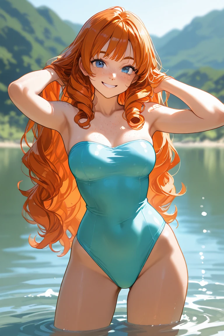 Best Picture Quality, tmasterpiece, 超高分辨率, (fidelity:1.4), fully body photo,A beautiful girl,Raised sexy,Light green bikini,(wet swimsuit:1.4),exposed bare shoulders,Bared legs,Wet hair,Water droplets on the face,Graceful figure,A thousand flavors,beachside,sandbeach,sentado na praia,Lower limbs attached to the sand,Kneel on the beach,facing at camera,Spread your legs,gazing at the camera,redheadwear,green-eyed,The wind blows through the hair,Sun Rain,The light and shadows are realistic,There are water droplets on the body,Bigchest,big breasts thin waist,Buttock augmentation,Mole on the chest,Purple lip gloss,Caucasian woman,20yr old,Long eyelashes,(Vulvar shape:1.2),