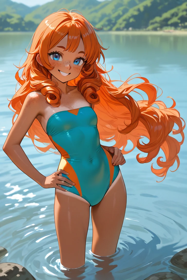 1 Girl, Medium Breasts, Half Orange Hair And Half Lime Green Hair, Split Hair Color, Two Hair Colors, Lime Green Eyes, Nice Eyes, Long Hair Style, Freckles, Nice Lips, Nice Nose, Pale White Skin, Smooth Skin, Uncaring, Sexy, Bitch, Sexy Swimsuit