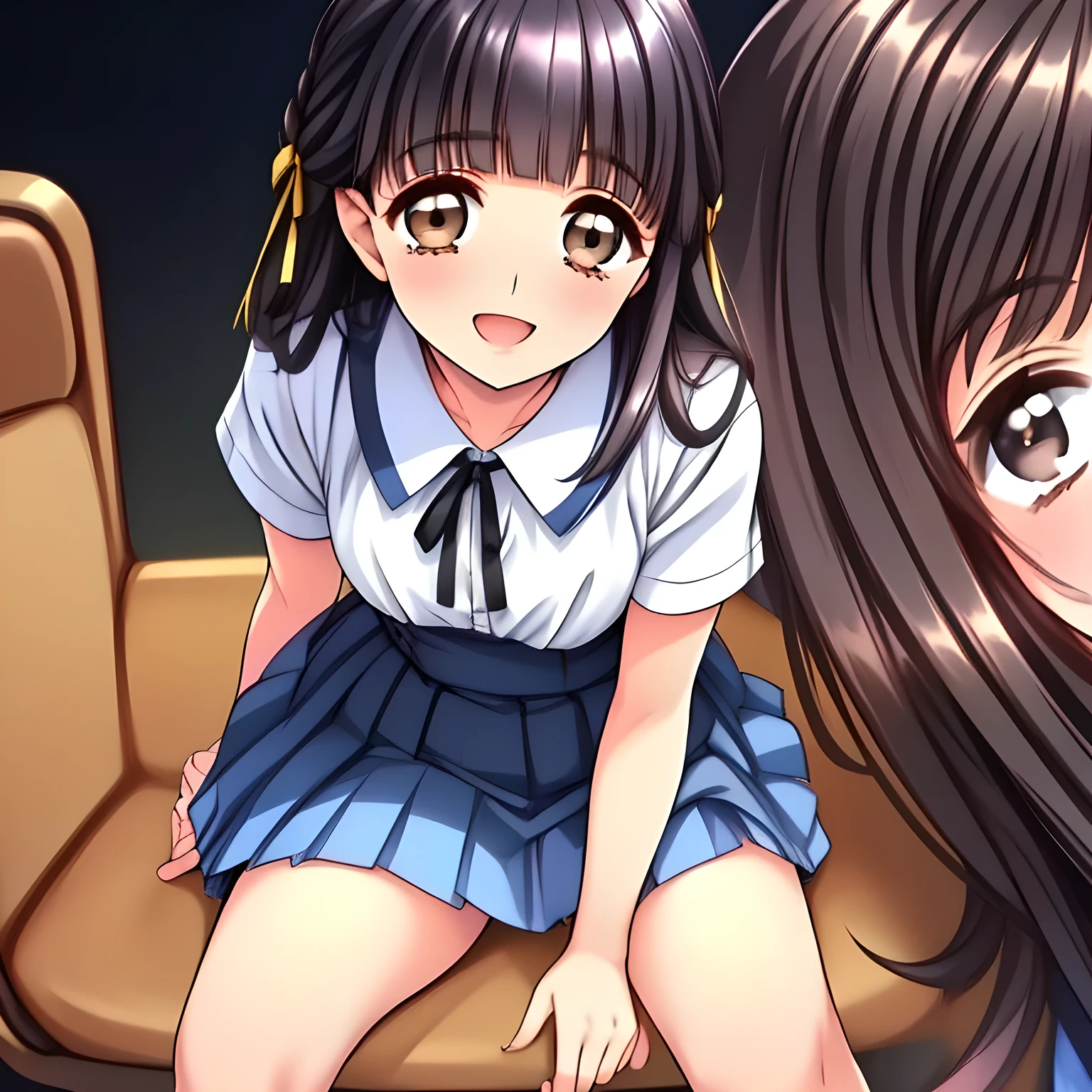 (highest quality, masterpiece:1.2), highest quality, High resolution, 1080p, 8K, (Two 16yo beautiful pretty succubi friends are seated in a train seat, hypnotizing me by their neat beauty, ((laughing at me)), (looking me down), most beloved girl in Japan, (intelligent and perfectly balanced slender style), feeling too funny, amazingly neat & clean, in peace and neat lovely strong charm, cutely tilted head, 8), (Too noble beautiful lady like a love-story comic heroine), (laughing like watching a comedy), A very lovely, very noble, pretty and pure beautiful girls. ((Bursting out Laughing very elegantly)), ((white grown face)), Using expensive whitening cosmetics by cosmetics artist: 1.2), Glossy lips, (curled) bangs, (Too beautiful blue fascinating shiny (double-lidded) (brown eyes) with love to the viewer, ((deep upper girly eyelid)), ((huge eye pupils)), laughing with detailed clearly: 1.5), (Dark blue vest school uniform, (Neat smart (white school frilled blouse))): 1.8), (A very neat, ((realistic), (dark-blue) pleated blue school skirt): 1.6), (too pretty shiny light-yellow realistic school ribbon): 1.5), (Shiny love-story heroine lips, extremely laughing open mouth: 1.0), ((amazingly beautiful black hair: 1.5)), (Hair Ribbon ties (black hair), The ribbon is big and very pretty), (Tight waist, slender: 1.5), (The background is (plain black space ) to emphasize her fascination: 1.8), (The lady knows well about the viewer's super fetishism for school uniforms, and satisfies it completely in the viewer's lewd dream: 1.7), (beautiful neat fascinating cute noble atmosphere in a high school only for beautiful girls to learn how to hypnotize: 1.8), (early in the morning: 1.5), (Show your prettiest expression!!: 1.5), (Everything is gorgeous, organized to have strong effect of hypnosis for the viewer to fall into happy dream with many beautiful girls, the viewer is transferred to the world of the beautiful succubi when he sees this picture: 1.7)