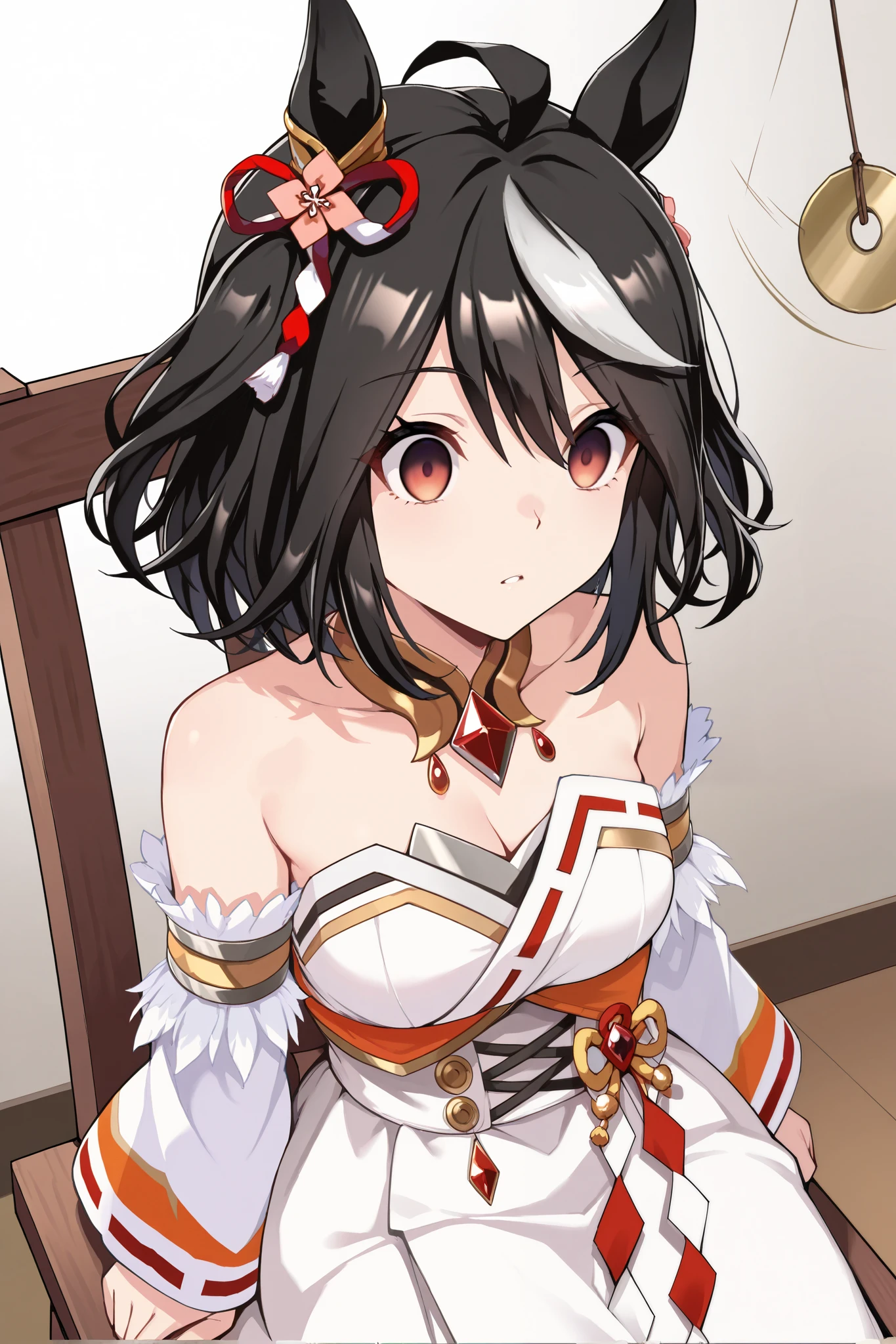 (masterpiece, ultra high definition, 16k, RAW photo, intricate), (sharp focus, crisp details), (rich colors, vibrant details), noise reduction, 1girl , ((Kitasan Black \( Uma Musume\)), (One Pendulum , Swinging pendulum, Pendulum before her eyes:1.9), empty eyes, sitting chair, Sluggish hands, Hands at sides, (official costume), (extreme close up), front view, white, Jubilant Star Kisshogaku , white毛皮の襟, armlet, white strapless japanese dress , Parallel Side Strap