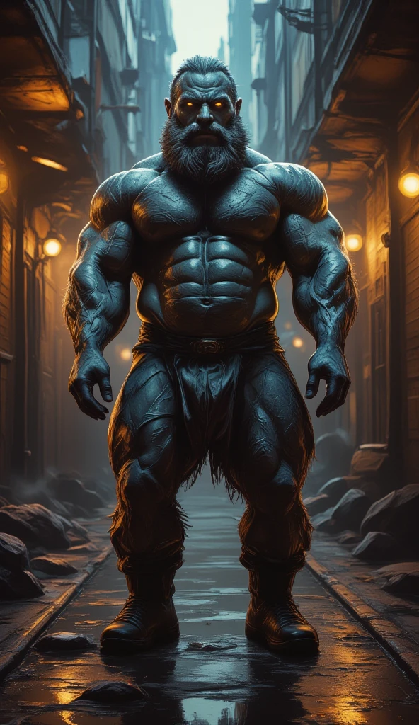 A photo realistic image of a lion, super gigante musculoso, with muscular arms, ombros largos, giant toned physique, veias musculares estourando, olhos azuis, uma cauda, super peludo de pelo castanho, pele azul, wearing glasses, usando um uniforme amarelo e preto dos x-men, fazendo treino de costas, com as veias saltando, barefoot, no jardim do seu castelo, showing your strength, visto de dorso