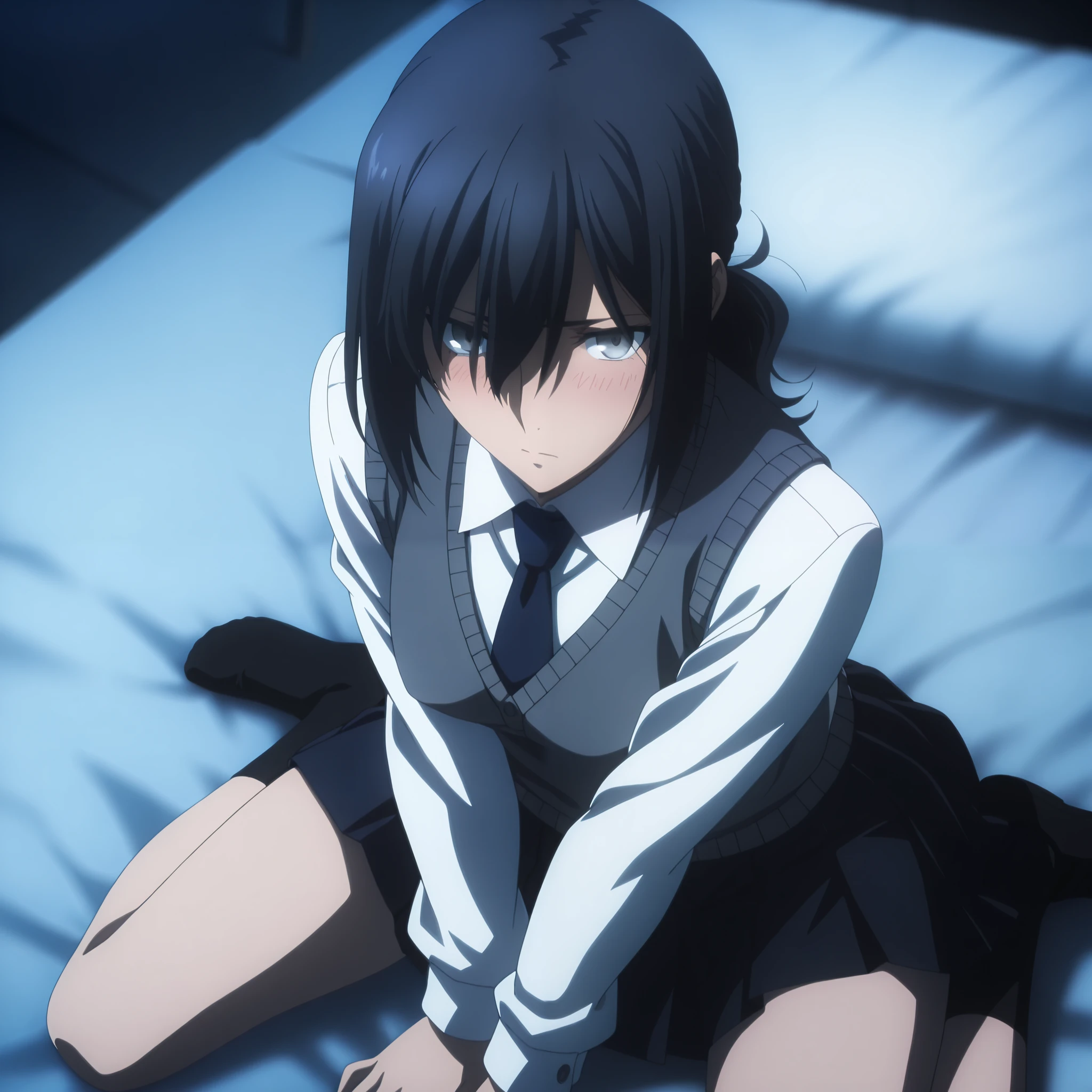 masterpiece, best quality, amazing quality, highres, absurdres, very aesthetic, high resolution, ultra detailed, perfect details, midnight, , upper body, indoors, ufotable style, ((blue hour)), (from above),
1girl, solo, ufotable style, anime style, (anime coloring:1.5), (anime screencap:1.2) ,(aged up:1.4),
girl, mature, slim body, slender body, ,Fate Grand Order, fate, Fate Grand Order, medium hair, (straight hair, low ponytail), light gray eyes, black hair, on bed, front open , sweater vest, blazer, dark blue necktie , long pleated skirt, (small breast), looking at viewer, ((wariza, arms between legs)) , expressionless, embarrassed, blush,