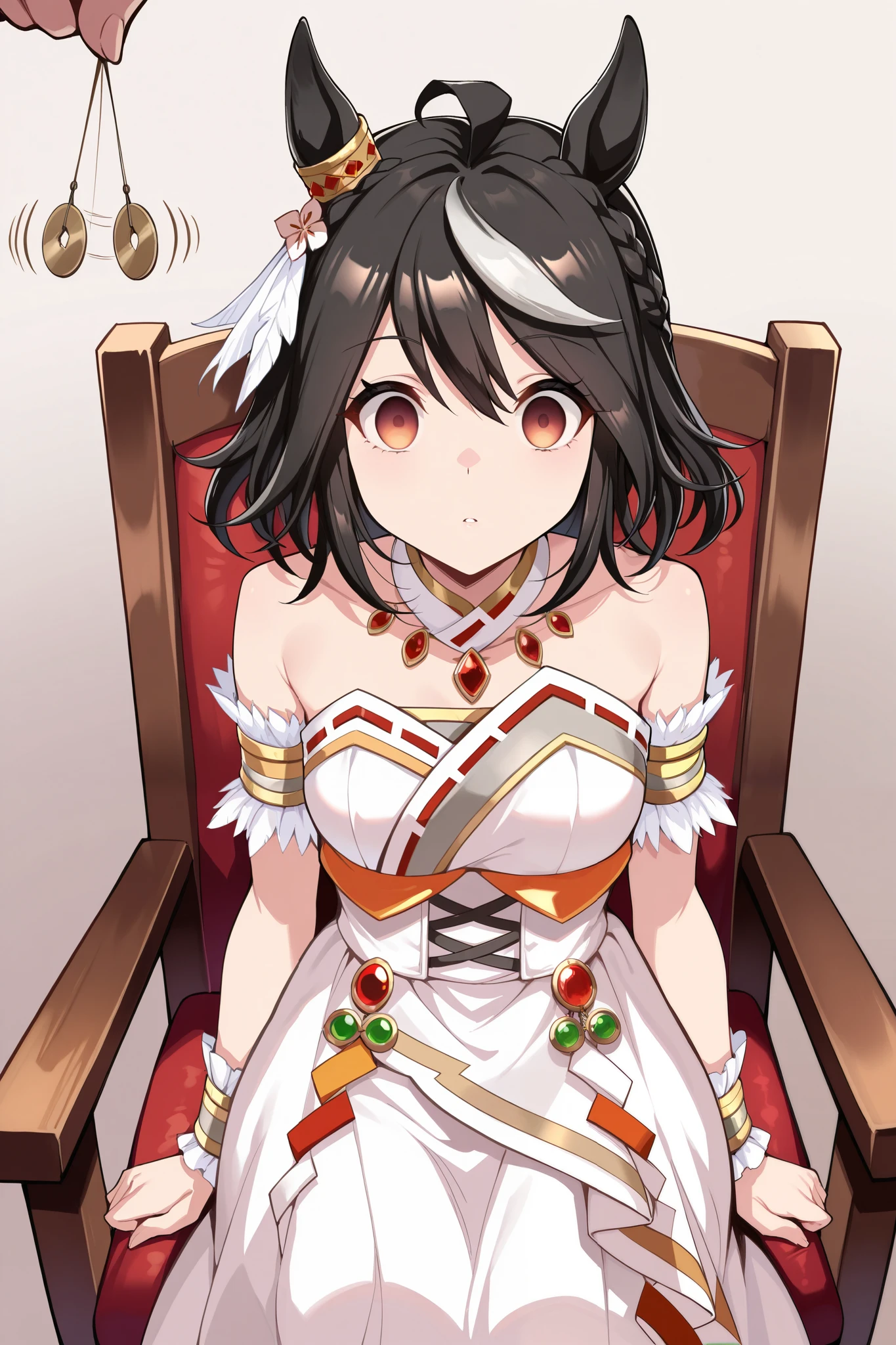 (masterpiece, ultra high definition, 16k, RAW photo, intricate), (sharp focus, crisp details), (rich colors, vibrant details), noise reduction, 1girl , ((Kitasan Black \( Uma Musume\)), (One Pendulum , Swinging pendulum, Pendulum before her eyes:1.9), (empty eyes, Sleepy eyes:1.5), sitting chair, Sluggish hands, Hands at sides, (official costume), (extreme face close up), front view, white, Jubilant Star Kisshogaku , white毛皮の襟, armlet, white strapless japanese dress , Parallel Side Strap