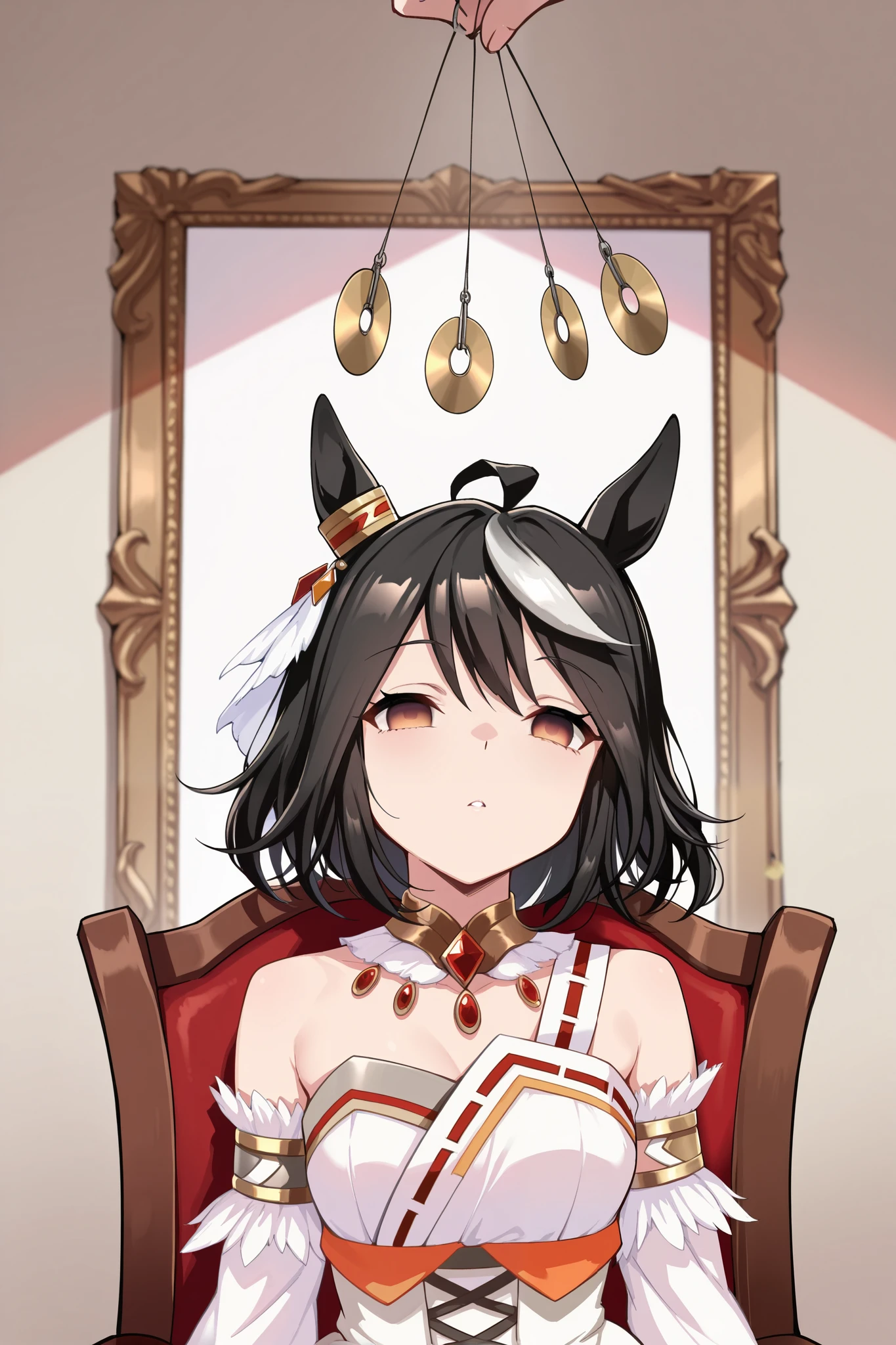 (masterpiece, ultra high definition, 16k, RAW photo, intricate), (sharp focus, crisp details), (rich colors, vibrant details), noise reduction, 1girl , ((Kitasan Black \( Uma Musume\)), (One Pendulum , Swinging pendulum, Pendulum before her eyes:1.9), (empty eyes, Sleepy eyes, half-closed eyes:1.5), sitting chair, Sluggish hands, Hands at sides, (official costume), (upper body), front view, white, Jubilant Star Kisshogaku , white毛皮の襟, armlet, white strapless japanese dress , Parallel Side Strap