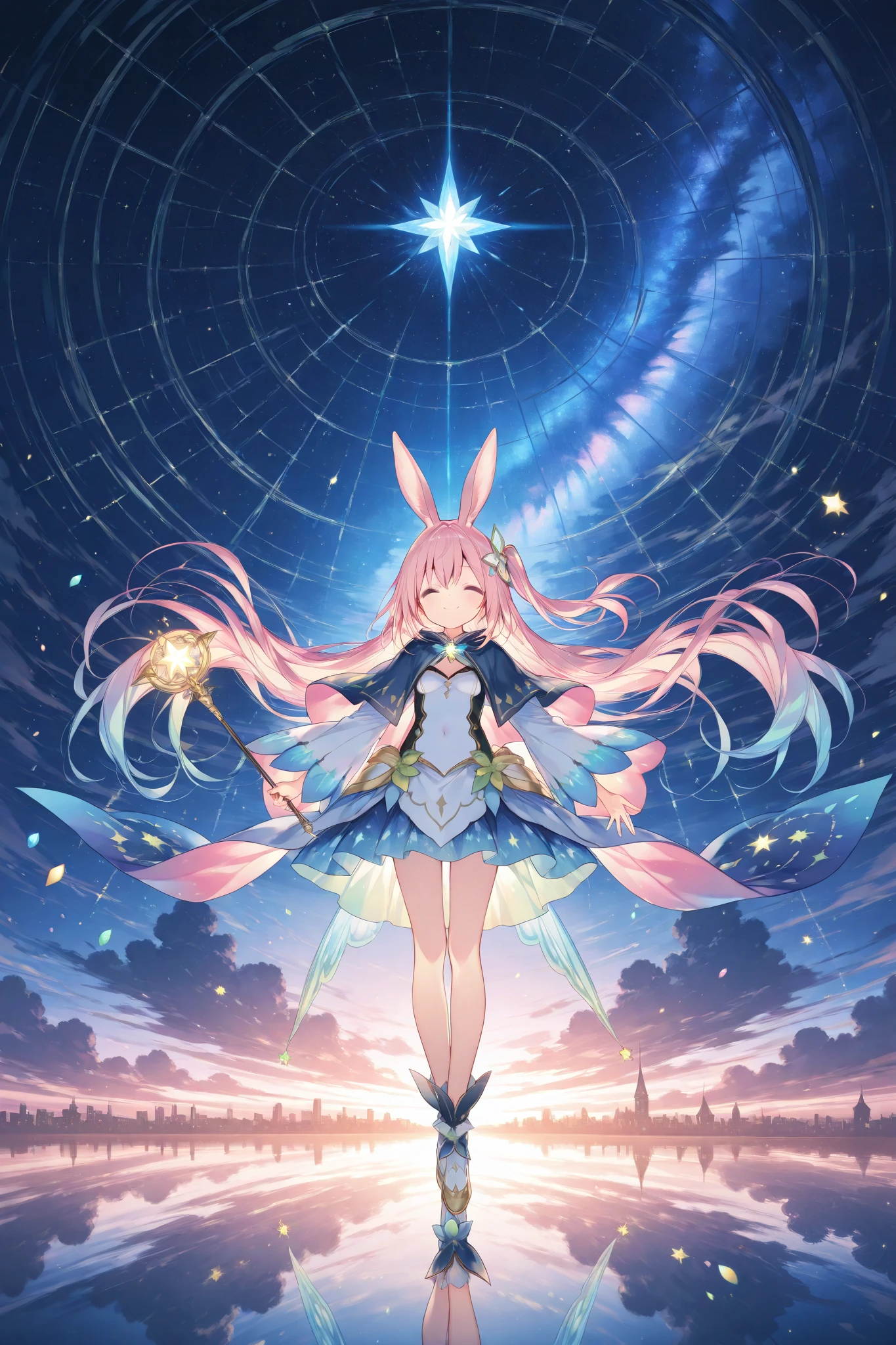 AIU,Komeshiro Kasu style,usnr,depicts a magical dreamland,very long whot, This is an absurdly fairy-tale-like, colorful and beautiful scene. amazingly cute girl\(cute witch is floating in mid-air, lying sideways in a relaxed posture with a dreamy smile on her face. She is wearing a magical outfit adorned with star and moon motifs, a soft pastel-colored cloak flowing gently behind her, and rabbit ear. Her hair drifts gracefully, and she holds a glowing wand emitting sparkles\),
background\(wide magical dreamscape,depicts a magical dreamland with a starry night sky, floating clouds, rainbow-colored magical orbs, shimmering particles dancing in the air, and glowing fantastical plants. In the distance, a magical castle and elegant towers rise into the sky.\),
effects\(magical dreamscape reimagined in a, top left featuring cubist stars(geometric and fragmented stars), abstract fragmentation(segmenting the night sky), top right showcasing shattered glass effect(disjointed towers and clouds) and dynamic perspective distortion, geometric layering(structured overlapping design), center right detailed with kaleidoscope highlights(reflective accessories and patterns) and mirror shards(split mirror-like textures on the dress), bottom left enriched with textured collage(collage-like combination of flowers and stones) and high-contrast outlines(defining bold edges), bottom right deepened with asymmetrical cubism(irregularly divided cityscape) and tilted fragments(buildings arranged at unconventional angles), Cubist Surrealism, Dreamlike Magic\),scene is illuminated by soft warm lighting, emphasizing the fantasy atmosphere. Rendered in Fantasy style, the artwork achieves ultra-detailed and high-quality 8k resolution.
