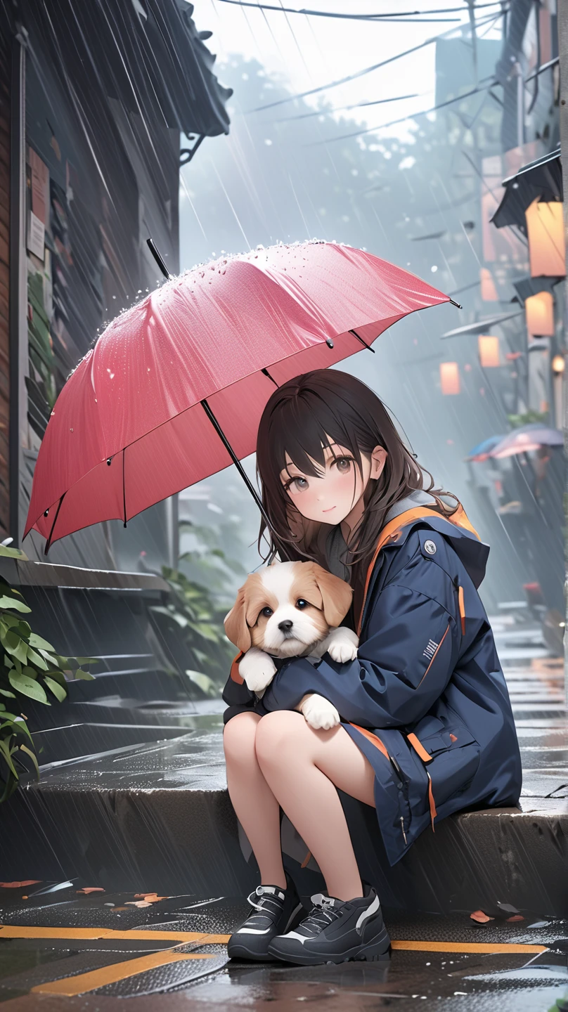 1girl, animal, blurry, blurry background, brown eyes, brown hair, cherry blossoms, (cat), full body, holding, holding umbrella, jewelry, looking up, medium hair, necklace, rain, shiba inu, shoes, short sleeves, smile, sneakers, solo, squatting, transparent, transparent umbrella, umbrella, watch, wristwatch, ((masterpiece))
<lora:KoreanAeppol:0.85>
<lyco:GoodHandsB2:1.0>