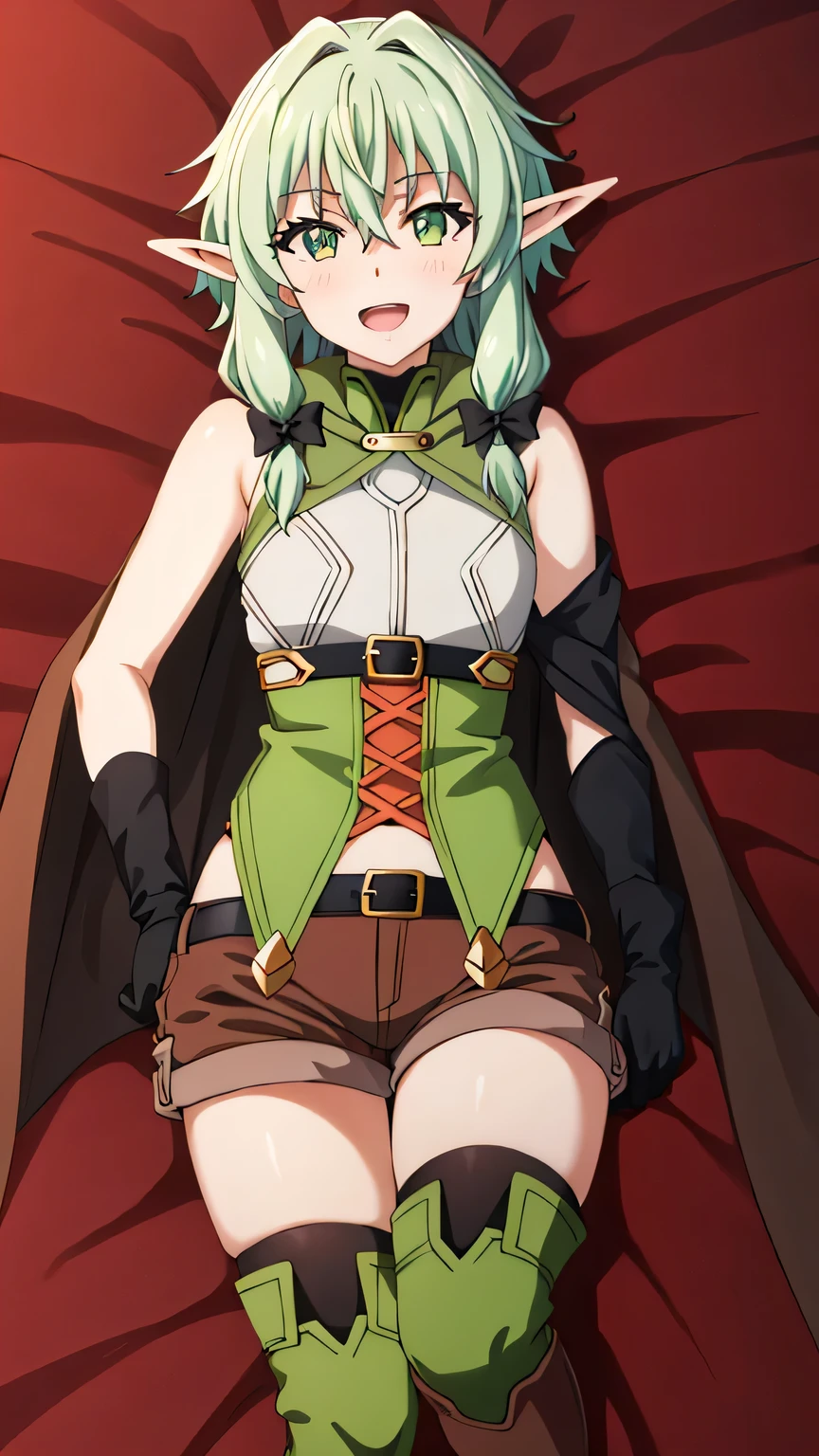 {{{masterpiece}}}, (best quality:1.5), (ultra-detailed:1.5), {illustration}, {{an extremely delicate and beautiful}}, (beautiful detailed eyes:1.6), absurdres, highres, extremely detailed face, 16k, hd, visual anime de uma jovem mulher, extremamente bonito rosto de anime, anime melhor garota, (perfect hands, perfect anatomy), anime face, High Elf Archer(Goblin Slayer), cute face, 1girl, solo, elf, green hair, long hair, hair between eyes, sidelocks, long sideburns, black hair bow, pointy ears, green eyes, (High resolution eyes, Beautiful eyes, Light in the eyes), medium breasts, big hips, curvaceous, BREAK, cloak, brown long cape, hood down, sleeveless shirt, green bustier, black gloves, arm sleeve on left arm, black belt, brown shorts, short shorts, green thighhighs, brown footwear, knee boots, thighs, zettai ryouiki, BREAK, lying, on back, smiling, open mouth, embarrassed, flushed cheeks, looking at viewer, on the bed, Dakimakura, CarnelianDakimakura