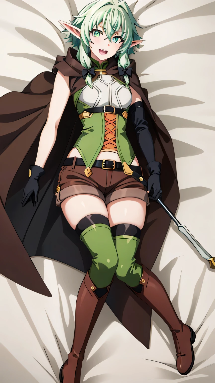 {{{masterpiece}}}, (best quality:1.5), (ultra-detailed:1.5), {illustration}, {{an extremely delicate and beautiful}}, (beautiful detailed eyes:1.6), absurdres, highres, extremely detailed face, 16k, hd, visual anime de uma jovem mulher, extremamente bonito rosto de anime, anime melhor garota, (perfect hands, perfect anatomy), anime face, High Elf Archer(Goblin Slayer), cute face, 1girl, solo, elf, green hair, long hair, hair between eyes, sidelocks, long sideburns, black hair bow, pointy ears, green eyes, (High resolution eyes, Beautiful eyes, Light in the eyes), medium breasts, big hips, curvaceous, BREAK, cloak, brown long cape, hood down, sleeveless shirt, green bustier, black gloves, arm sleeve on left arm, black belt, brown shorts, short shorts, green thighhighs, brown footwear, knee boots, thighs, zettai ryouiki, BREAK, staff, lying, on back, smiling, open mouth, embarrassed, flushed cheeks, looking at viewer, on the bed, Dakimakura, CarnelianDakimakura