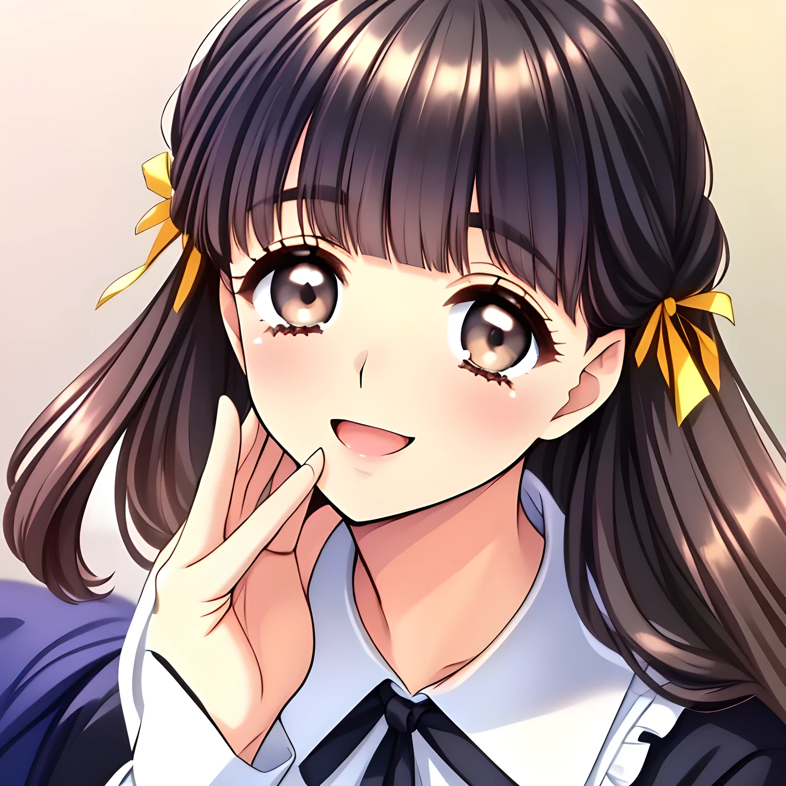 (highest quality, masterpiece:1.2), highest quality, High resolution, 1080p, 8K, (Two yo beautiful pretty succubi friends are seated in a train seat, hypnotizing me by their neat beauty, ((laughing at me)), (looking me down), most beloved girl in Japan, (intelligent and perfectly balanced slender style), feeling too funny, amazingly neat & clean, in peace and neat lovely strong charm, cutely tilted head, 8), (Too noble beautiful lady like a love-story comic heroine), (laughing like watching a comedy), A very lovely, very noble, pretty and pure beautiful girls. ((Bursting out Laughing very elegantly)), ((white grown face)), Using expensive whitening cosmetics by cosmetics artist: 1.2), Glossy lips, (curled) bangs, (Too beautiful blue fascinating shiny (double-lidded) (brown eyes) with love to the viewer, ((deep upper girly eyelid)), ((huge eye pupils)), laughing with detailed clearly: 1.5), (Dark blue vest school uniform, (Neat smart (white school frilled blouse))): 1.8), (A very neat, ((realistic), (dark-blue) pleated blue school skirt): 1.6), (too pretty shiny light-yellow realistic school ribbon): 1.5), (Shiny love-story heroine lips, extremely laughing open mouth: 1.0), ((amazingly beautiful black hair: 1.5)), (Hair Ribbon ties (black hair), The ribbon is big and very pretty), (Tight waist, slender: 1.5), (The background is (plain black space ) to emphasize her fascination: 1.8), (The lady knows well about the viewer's super fetishism for school uniforms, and satisfies it completely in the viewer's lewd dream: 1.7), (beautiful neat fascinating cute noble atmosphere in a high school only for beautiful girls to learn how to hypnotize: 1.8), (early in the morning: 1.5), (Show your prettiest expression!!: 1.5), (Everything is gorgeous, organized to have strong effect of hypnosis for the viewer to fall into happy dream with many beautiful girls, the viewer is transferred to the world of the beautiful succubi when he sees this picture: 1.7)