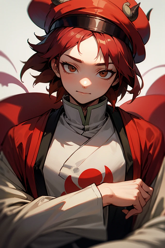 Captura de pantalla de Kimetsu No Yaiba, girl with short red, almost brown hair, right eye covered with hair, clothes the same as that of the animated character rengoku, Red eyes, with a scar on the right cheek