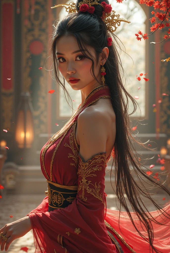 a photo of the beautiful Ming-Na Wen as Mulan, (long hair), wearing typical Chinese red clothes, full body, sunset, 4th century Shanghai city in the background, Han Dynasty, style of (Steve McCurry), Nikon Z FX device, EF 70mm lens, cinematic lighting, studio context, long exposure style, long shot type, vibrant color scene,  photorealistic, intrinsic, beautiful face, ultra-detailed face, perfect body, whole body, flawless, realistic, highly detailed, art station, trend, masterpiece, realistic face, realistic skin, detailed eyes, great art, render ultra realistic n-9, 4K, 8K, 16K, 20K, HDR, UHD, 64K, perfect lighting, studio lighting, photorealistic, hyper realistic, symmetrical face, unreal engine, bokeh, high resolution scanning, professional photography