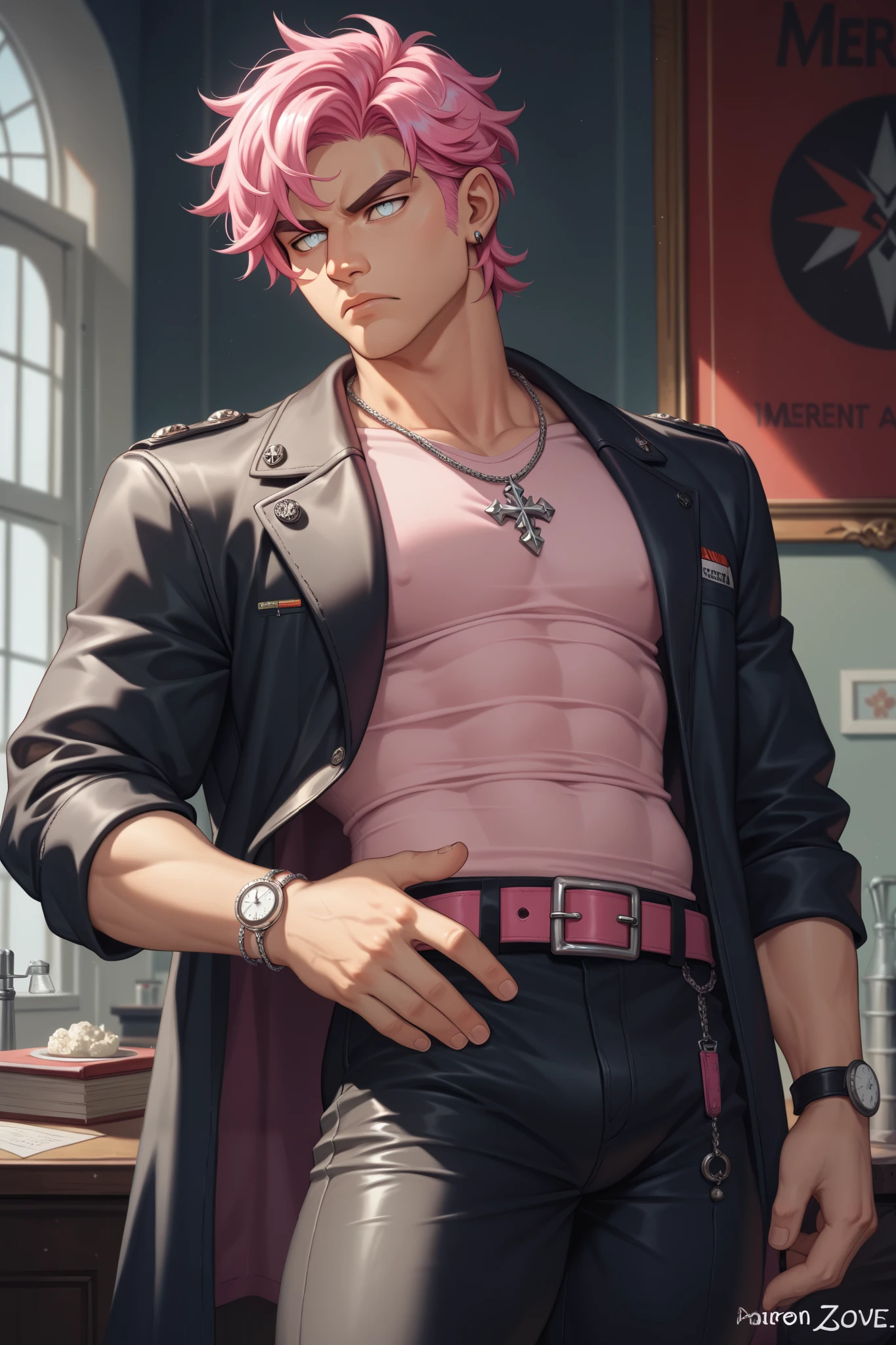 1 male, feminine male, ((femboy)), Guviz-style artwork, made with anime painter studio, anime realismスタイル, Realistic anime art style, painted in anime painter studio, Inspired by Kim Taehyung, In an anime style, anime handsome guy, Inspired by Kim Taehyung, anime realism, Pink hair, A smile, a choker, Multiple piercings, Man with short hair, Male one, Inspired by Kim Taehyung, bustup, hoody, living room, lay, full body, ((round buttocks)), ass focus, big ass, big bulge crotch, big nipples on male chest, pink stockings, blue high heels,