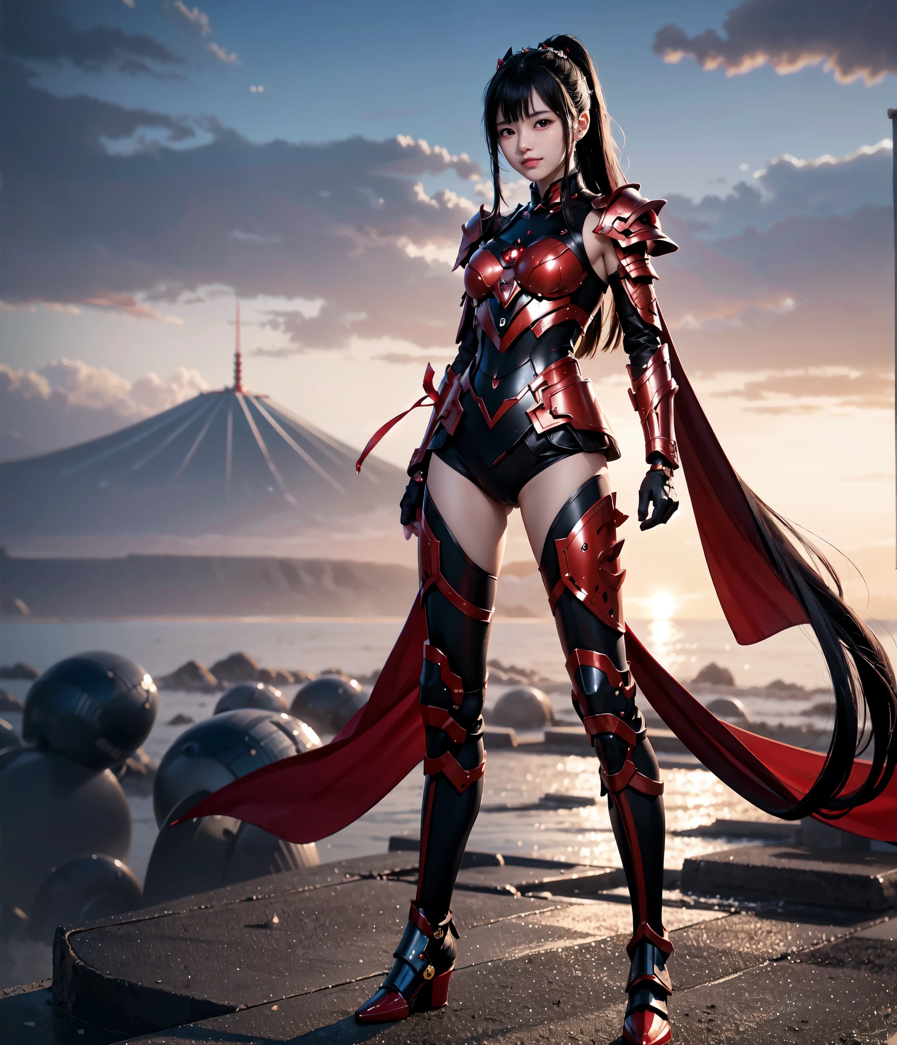 超A high resolution、An ultra-high picture quality、8K、Detailed details、marvelous expression、Ninja Woman、Wearing red metallic armor、Slender female body type、Brown short bob、Black cloak、battle posture、Big city landscape at night、