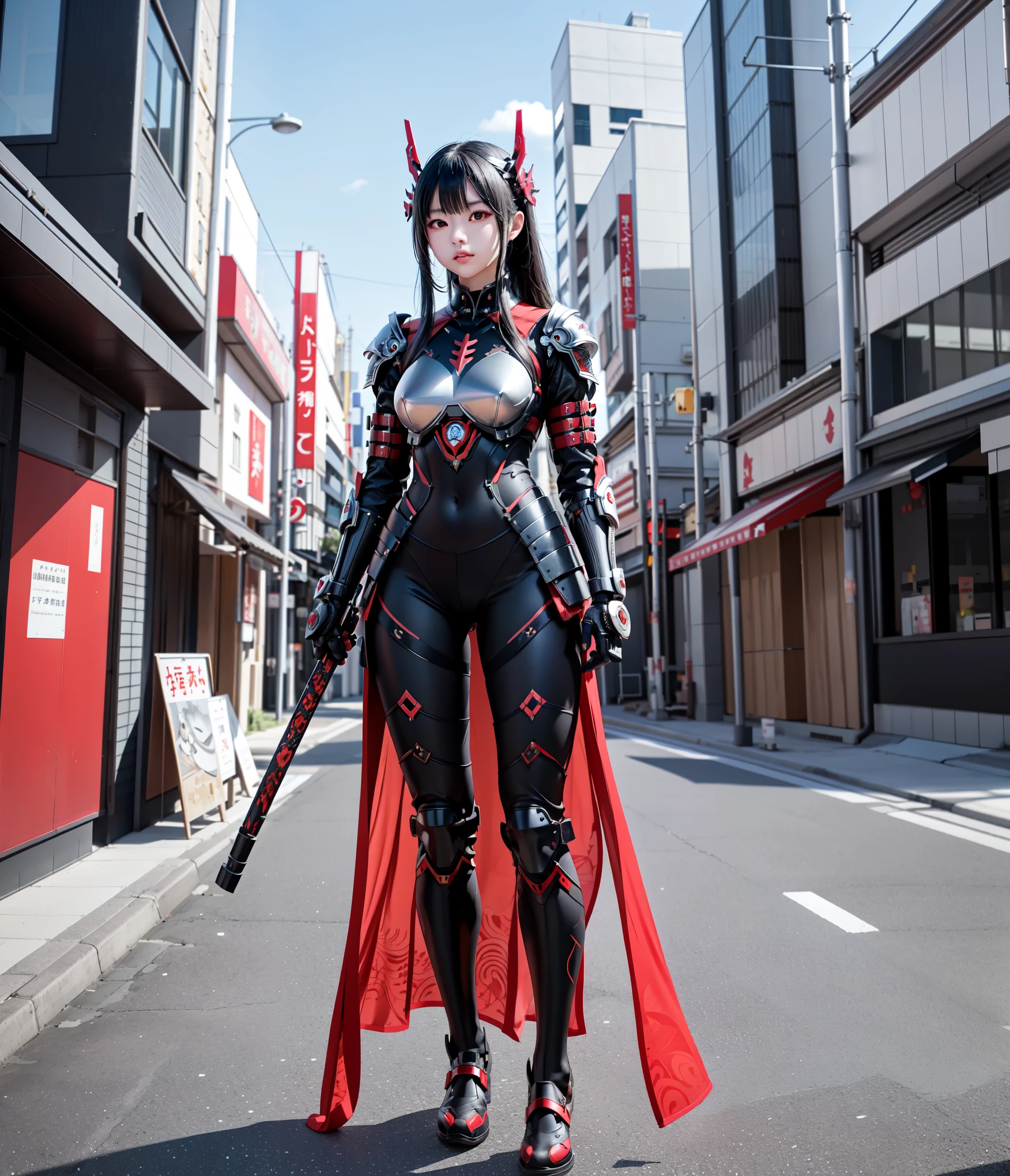 Cartoon. Background is a back alley late at night in Japan. Full body shot. Looking up from below. Japanese red devil, wearing red armor, legs open, squatting, back view of Japanese heroine.
