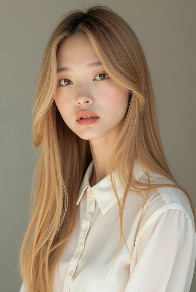 Long Hair、Beige gray color、Short sleeve、In front of the white wall、girl、Japanese