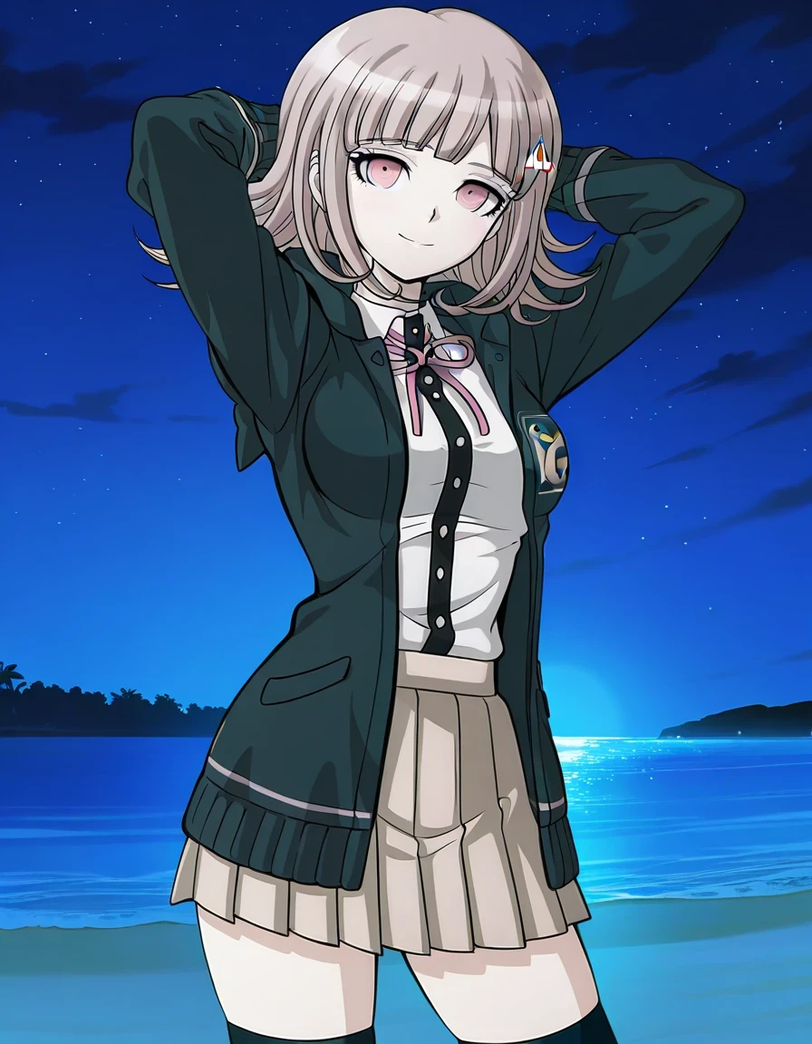 nanami chiaki, anime screencap, hairclip, neck ribbon, pink ribbon, black hoodie, open hoodie, hood down, collared shirt, white shirt, two-tone shirt, long sleeves, shirt tucked in, pleated skirt, brown skirt, miniskirt, zettai ryouiki, black thighhighs, flipped hair, medium hair, light brown hair, pink eyes, bangs, shiny skin, high quality, solo, night sky, beach, hands behind head, (contrapposto), closed mouth, cowboy shot, looking at viewer, smile, best quality