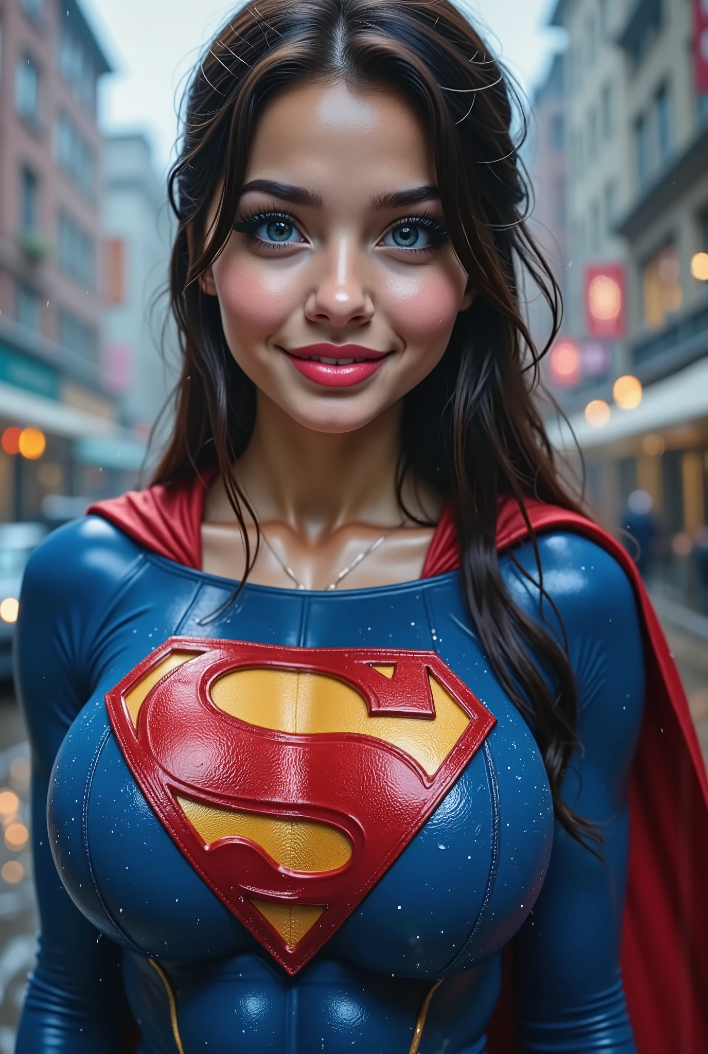 (FULL VIEW STANDING IN THE HEAVY RAIN) **"A stunning, highly detailed, and ultra-realistic portrait of a INNOCENT BLUE EYED 19-year-old Thai GIRL, proudly wearing the iconic RETRO 1980 SUPERMAN costume with a glossy latex/vinyl finish. The vibrant royal blue bodysuit shimmers under the soft natural lighting, adorned with a bold, raised red and yellow 'S' emblem on her chest, signifying her legacy as Superman’s daughter. A flowing red cape billowing in the wind behind her, its silky texture catching the light, enhancing the depth of the image. Her long, jet-black hair is neatly pulled back into a sleek ponytail, revealing her striking blue eyes that radiate confidence and warmth. She has a bright, playful smile, showcasing her pearly white teeth, adding to her charismatic presence. Her skin appears flawless, glowing naturally, with soft highlights accentuating her features black hair, hair bobbles, wince, longeyelashes, solid circle eyes, light smile, ear blush, fang, ccurate, Surrealism, drop shadow, anaglyph, stereogram, tachi-e, pov, atmospheric perspective, 8k, super detail, best quality, highres, award winning, best quality, super detail, textured skin, UHD, retina