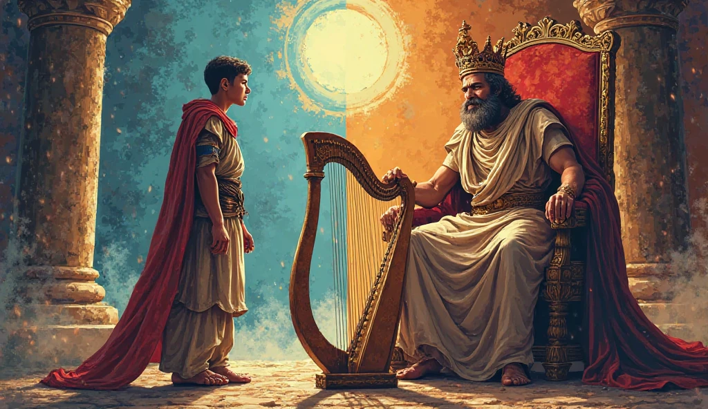 Fantasy comic book style, In an elegant ancient palace, King Saul, rei de Israel, is sitting on a luxurious throne with an expression of anguish and discomfort. He is dressed in imposing royal clothes. Davi, young red-haired man, with a calm and focused expression, is playing an ornate harp near Saul. While he plays, a dark aura around Saul begins to dissipate, and the light around Saul gradually becomes brighter, reflecting the relief and improvement in their condition. The scene should capture the transformation from a dark and oppressive environment to a brighter and more serene one.