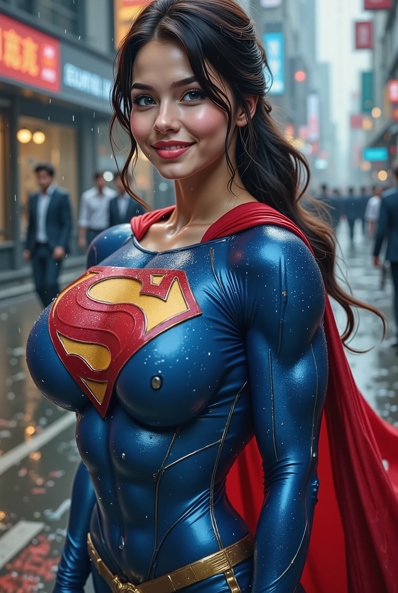 (FULL VIEW STANDING IN THE HEAVY RAIN) **"A stunning, highly detailed, and ultra-realistic portrait of a INNOCENT BLUE EYED 19-year-old Thai GIRL, proudly wearing the iconic RETRO 1980 SUPERMAN costume with a glossy latex/vinyl finish. The vibrant royal blue bodysuit shimmers under the soft natural lighting, adorned with a bold, raised red and yellow 'S' emblem on her chest, signifying her legacy as Superman’s daughter. A flowing red cape billowing in the wind behind her, its silky texture catching the light, enhancing the depth of the image. Her long, jet-black hair is neatly pulled back into a sleek ponytail, revealing her striking blue eyes that radiate confidence and warmth. She has a bright, playful smile, showcasing her pearly white teeth, adding to her charismatic presence. Her skin appears flawless, glowing naturally, with soft highlights accentuating her features black hair, hair bobbles, wince, longeyelashes, solid circle eyes, light smile, ear blush, fang, ccurate, Surrealism, drop shadow, anaglyph, stereogram, tachi-e, pov, atmospheric perspective, 8k, super detail, best quality, highres, award winning, best quality, super detail, textured skin, UHD, retina