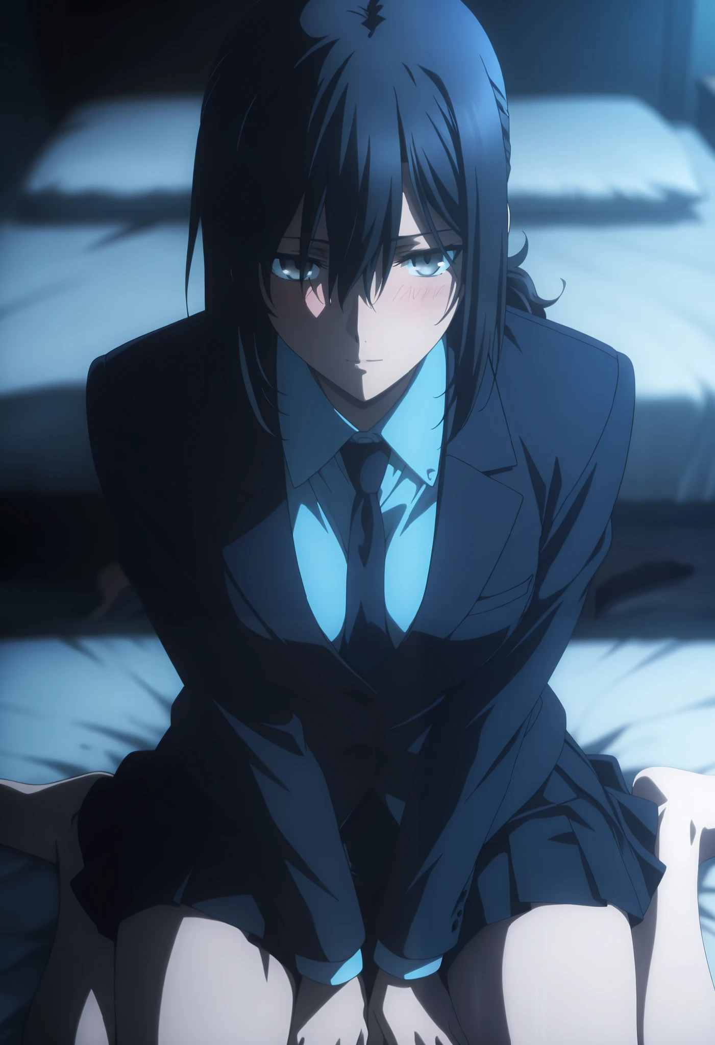 masterpiece, best quality, amazing quality, highres, absurdres, very aesthetic, high resolution, ultra detailed, perfect details, midnight, , upper body, indoors, ufotable style, ((blue hour)), (from above),
1girl, solo, ufotable style, anime style, (anime coloring:1.5), (anime screencap:1.2) ,(aged up:1.4),
girl, mature, slim body, slender body, ,Fate Grand Order, fate, Fate Grand Order, medium hair, (straight hair, low ponytail), light gray eyes, black hair, on bed, front open , sweater vest, blazer, dark blue necktie , long pleated skirt, (small breast), looking at viewer, ((wariza, arms between legs)) , expressionless, embarrassed, blush, light smile,