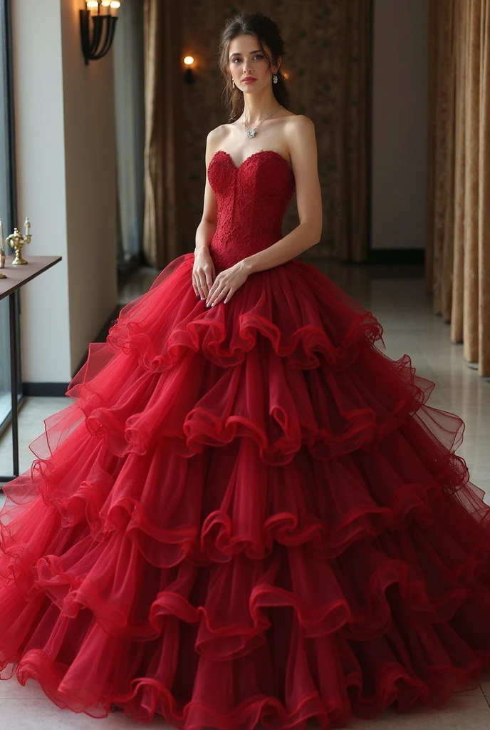 <lora:Bailey:.7>, view from front, looking at viewer, smirk, (fair skin, pale skin), (inside a fancy ballroom, ballroom, formal, prom, medium shot) dancing, dynamic pose, flirty, blush, cute, high quality, masterpiece,  prom, formal corsage, diamond earrings, diamond necklace, seductive ambiance, <lora:gl0ssy:0.8> gl0ssy, red plastic dress,