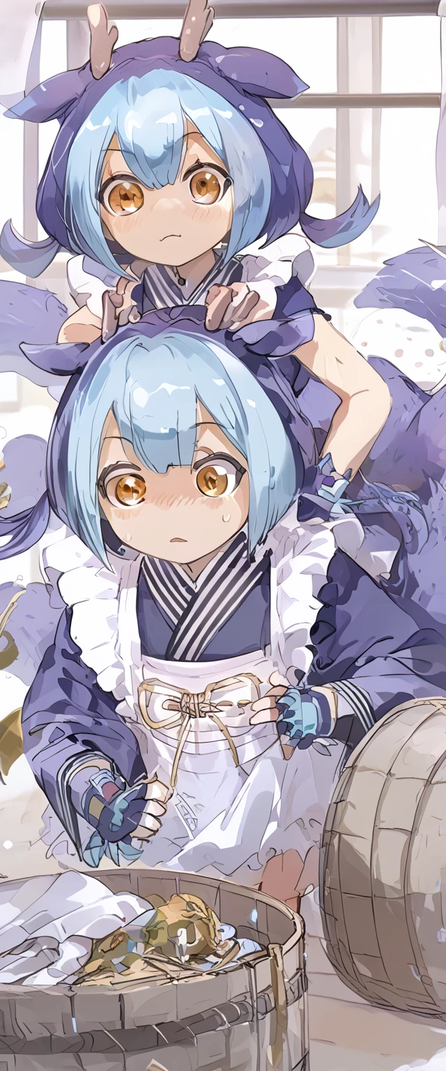 more detailed illustrations , More detailed face, super high definition, ish, Yu-Gi-Oh!!, dragon maid , Radley, Japanese Maid, laundry, laundry籠倒す, I'm in a hurry, panic, opening from the front, cold sweat,
