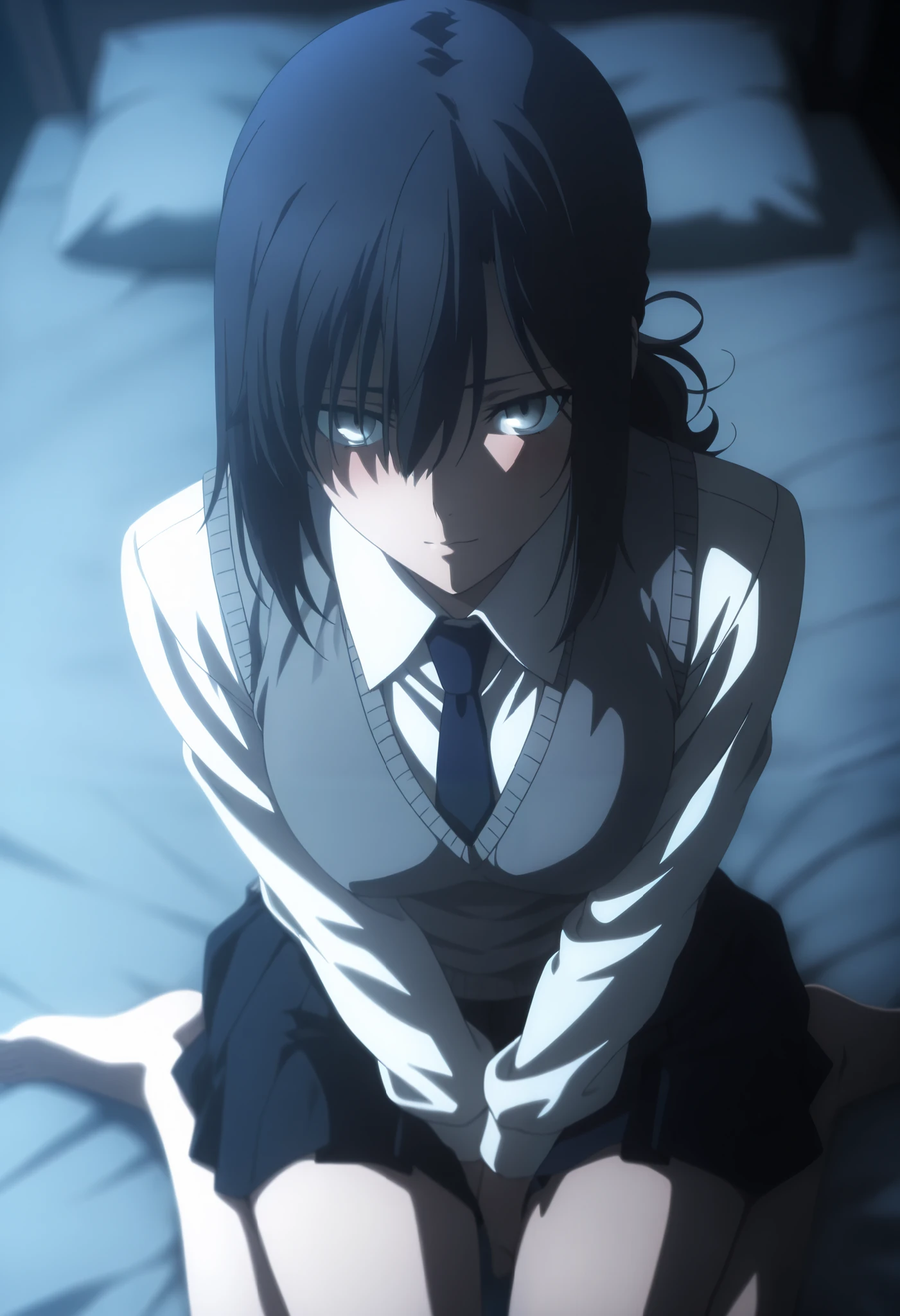 masterpiece, best quality, amazing quality, highres, absurdres, very aesthetic, high resolution, ultra detailed, perfect details, midnight, , upper body, indoors, ufotable style, ((blue hour)), (from above),
1girl, solo, ufotable style, anime style, (anime coloring:1.5), (anime screencap:1.2) ,(aged up:1.4),
girl, mature, slim body, slender body, ,Fate Grand Order, fate, Fate Grand Order, medium hair, (straight hair, low ponytail), light gray eyes, black hair, on bed, front open , gray sweater vest, blazer, in white shirt, dark blue necktie , long pleated skirt, (small breast), looking at viewer, ((wariza, arms between legs)) , expressionless, embarrassed, blush, light smile,