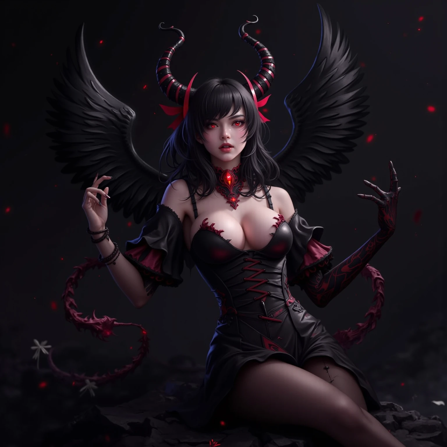 (Realistic picture, highest resolution, 16k), (A demon god with wide wings and enormous power on his shoulders.., Twelve wings on the shoulders., 6 bat wings:1.5, 6 angel wings:1.5), (Beautiful girl with two meter long hair, shiny black hair, Smooth white skin, Lips are very red.), ((stand, toe)), (Huge breasts, big tits), (gigantic breast, small waist, hips raised, small thighs, Long legs), (dynamic poses), (Porn, no clothes, Look at that pussy.., see nipples, naked, undressed, nakedโดยสิ้นเชิง, Can see pussy, The chest is visible.), Separate theme, (Angel wings and devil wings), floating in the air above the ground, background darkness, Embraced with twelve wings,