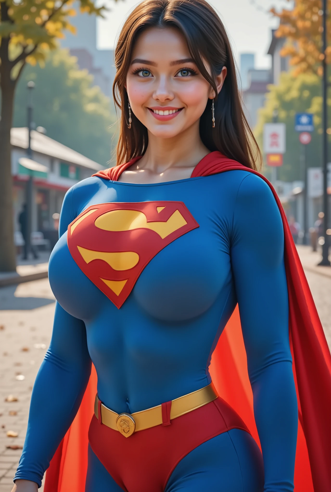 BIG BLUE EYES **"A stunning, highly detailed, and ultra-realistic portrait of a BLUE EYED 19-year-old Thai THAI GIRL, proudly wearing the iconic RETRO 1980 SUPERMAN costume. The vibrant royal blue bodysuit shimmers under the soft natural lighting, adorned with a bold, raised red and yellow 'S' emblem on her chest, signifying her legacy as Superman’s daughter. A flowing red cape BILLOWING behind her AS SHE WALKS, its silky texture catching the light, enhancing the depth of the image. Her long, jet-black hair is neatly pulled back into a sleek ponytail, revealing her striking blue eyes that radiate confidence and warmth. She has a bright, playful smile, showcasing her pearly white teeth, adding to her charismatic presence. Her skin appears flawless, glowing naturally, with soft highlights accentuating her features black hair, hair bobbles, wince, longeyelashes, solid circle eyes, pov, atmospheric perspective, 8k, super detail, best quality, highres, award winning, best quality, super detail, textured skin, UHD, retina