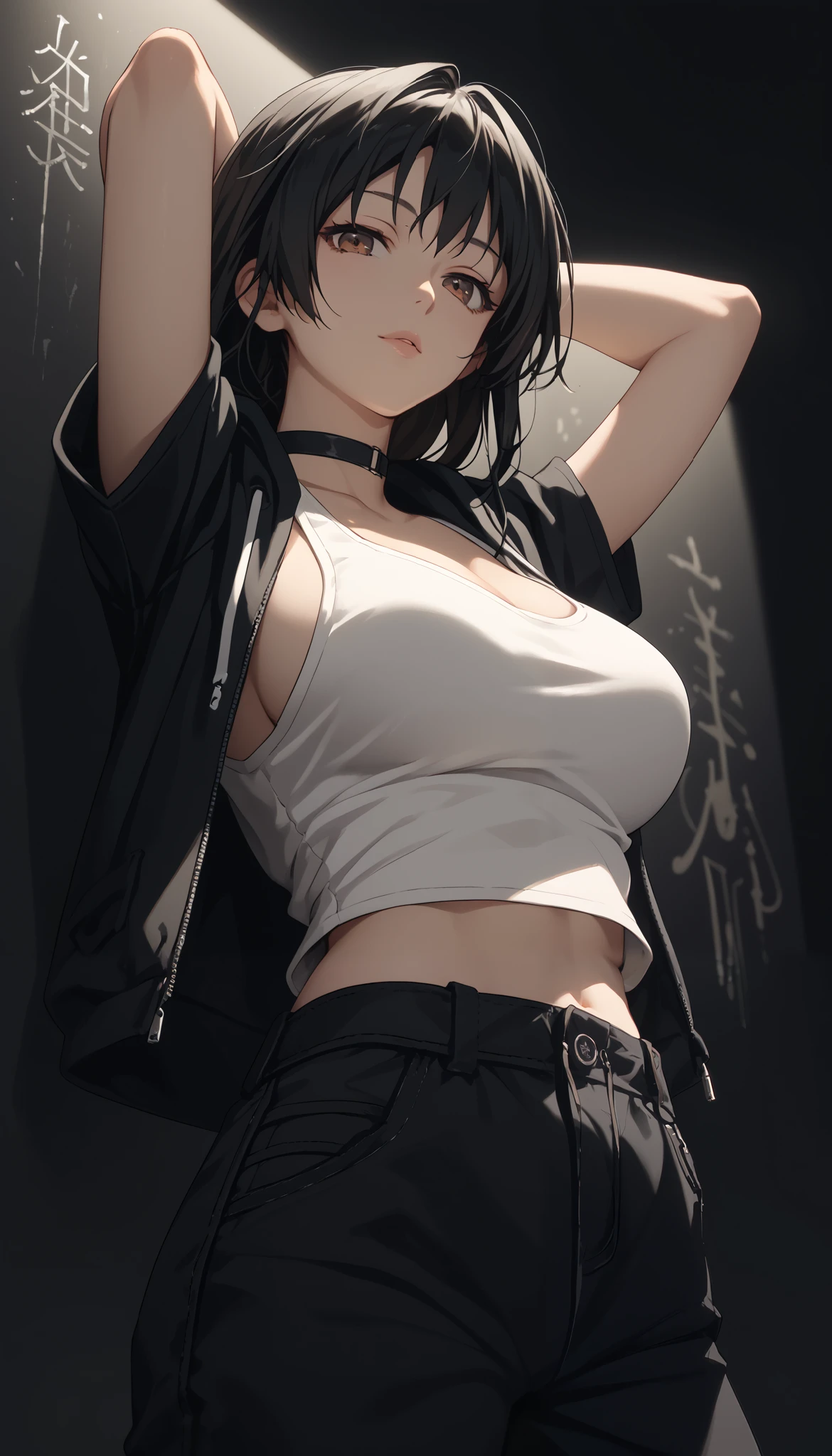 very realistic close up of a young woman posing against a graphic wall, Kaori sakaki, seductive portrait, brown eyes, long black hair, black hoodie and white tank top, choker, minimal accessories, standing pose, arms raised behind her head, large round breasts, black background with soft neon indoor lighting, serene atmosphere, [low angle, sharp focus on the subject, well balanced lighting.