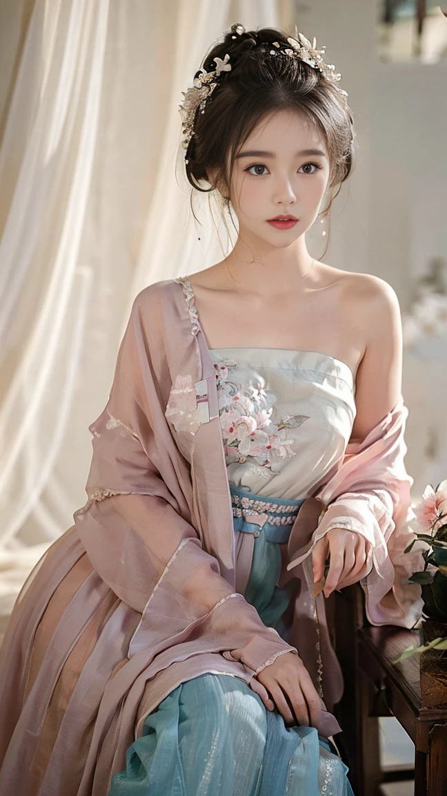 1 girl，Beautiful， Floral Pattern， glowing skin， Seductive gaze， Decorative clothing， natural lighting， Shallow to see deep， Romantic environment， Dreamy pastel palette， Peculiar details， Capture on film，(8k, original photo:1.2), best quality, Ultra-high resolution，CG Unity 8k Wallpaper，masterpiece，best quality，Ultra Detailed