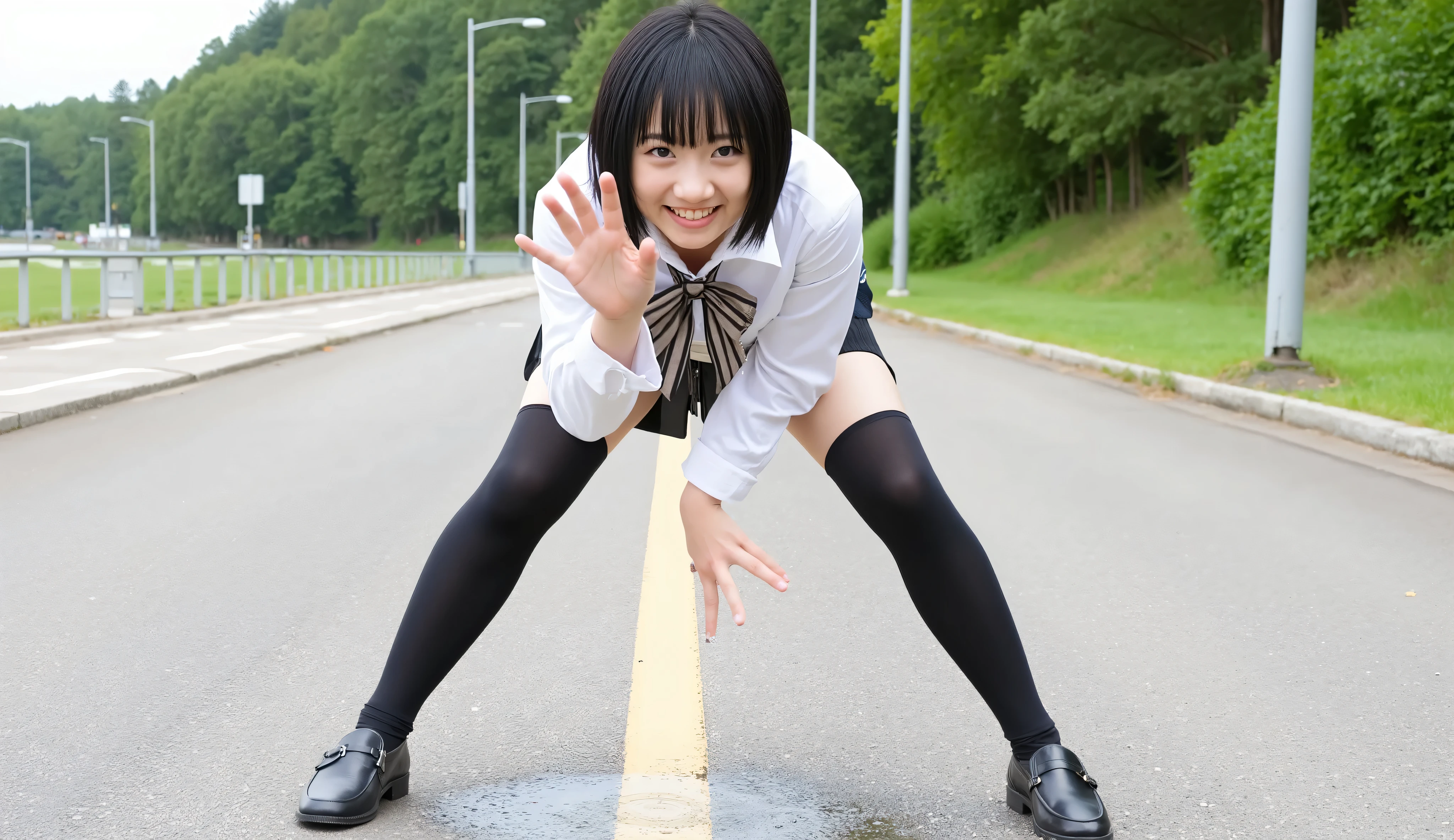 A high resolution photograph of a Japanese young woman, fashion shoot, full body, face focus, black hair with bangs, snow-like skin, fine-textured skin, (school uniform, black thighhighs, loafers), (peeing self while standing leaning forward with spread legs apart, feet apart:1.3), urine puddle, (gyaru v with hand), joyful expression, looking at the camera, (front view, view from below), detailed hand, detailed fingers, perfect hand, outdoors,