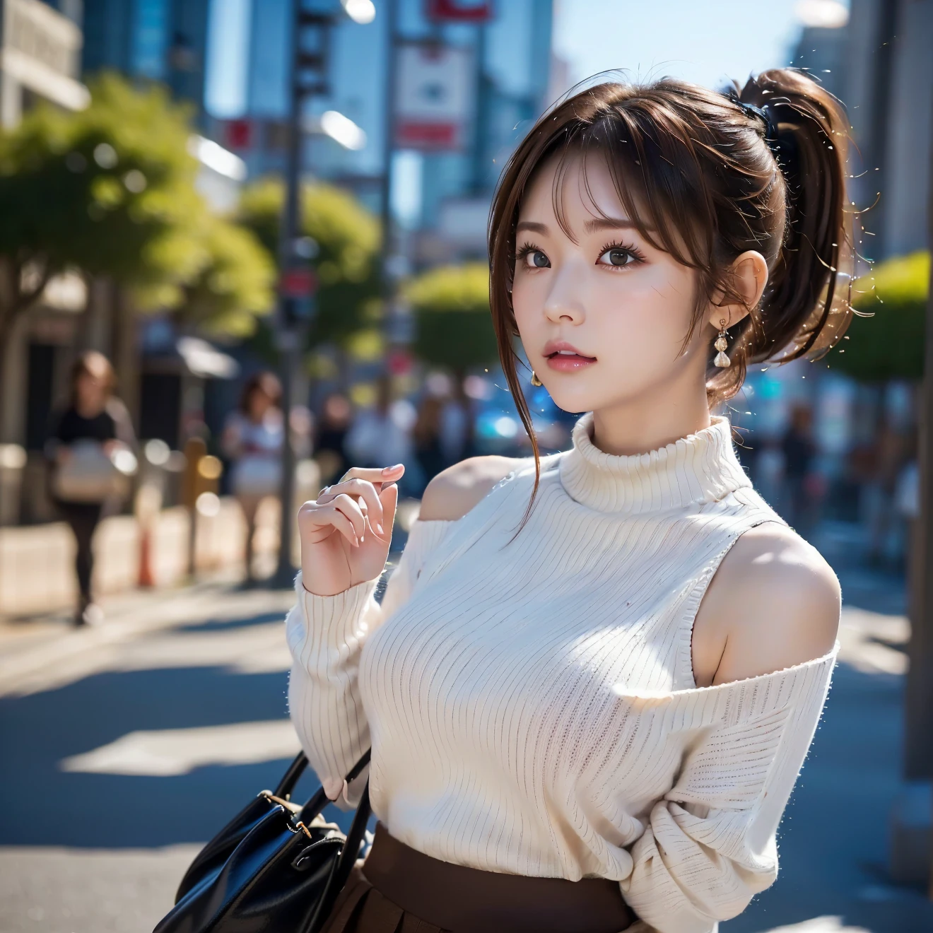 product quality, 1 girl per 1 photo, cowboy shot, side view, a Japanese young pretty girl, long bob hair, walking on a wet english old street with a big smile, carrying a suitcase, wearing a long leather jacket over a white turtleneck sweater, denim pants, hyper cute face, glossy lips, double eyelids for both eyes, natural makeup, shiny smooth light brown hair of long bob hair, asymmetrical bangs, tanned skin, central image, 8K resolution, high detail, detailed hairstyle, detailed face, cinematic lighting, octane rendering, hyper realistic, perfect limbs, perfect anatomy