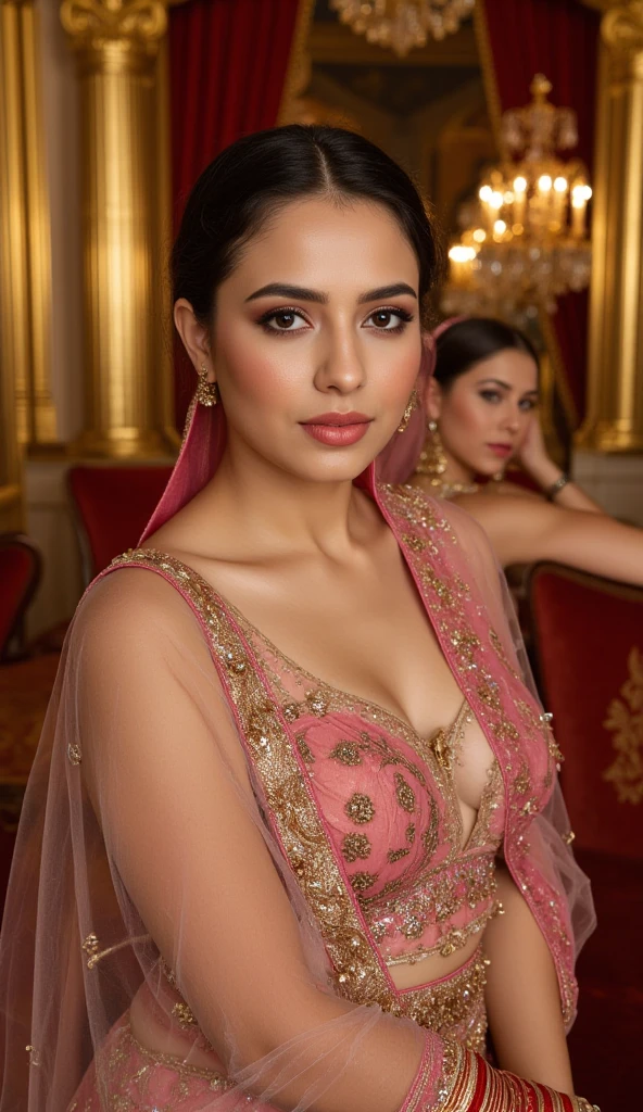 ((((((A))))))three quarto body of confident-looking Arabian woman with long wavy layered hair with round face, (masterpiece, best quality:1.2), ((((((solo)))))), ((((((1girl)))))), ((looking at camera)), hazel eyes, a smile on the face, royal and lusty look, ((straight standing)) posing like a professional model for a photoshoot, ((((Huge Boobs)))), perfect composition and light, hyper realistic skin texture, super background decorations detailed, 8k, high quality, trending art, trending on art station, photo, intricate details, highly detailed, ((((Cropped Breast Wear)))), (((Qajar Architecture background)))), (((wearing a bright colour push up bra with designs and patterns))), (((((big sexy body shape))))), (((Qajar Architecture background behind her))), (((Portrait Fashion Photo))), hair bobbles, wince, solid circle eyes, light smile, ear blush, fang, ccurate, makeup, (hairband), Surrealism, drop shadow, anaglyph, stereogram, tachi-e, pov, atmospheric perspective, glowing light, backlighting, ray tracing, image fill, anaglyph, stereogram, scanlines, speed lines, silhouette, vignetting, 8k, super detail, best quality, spotlight,grandeur,sophisticated lighting,vibrant colors, ((Day Lighting))