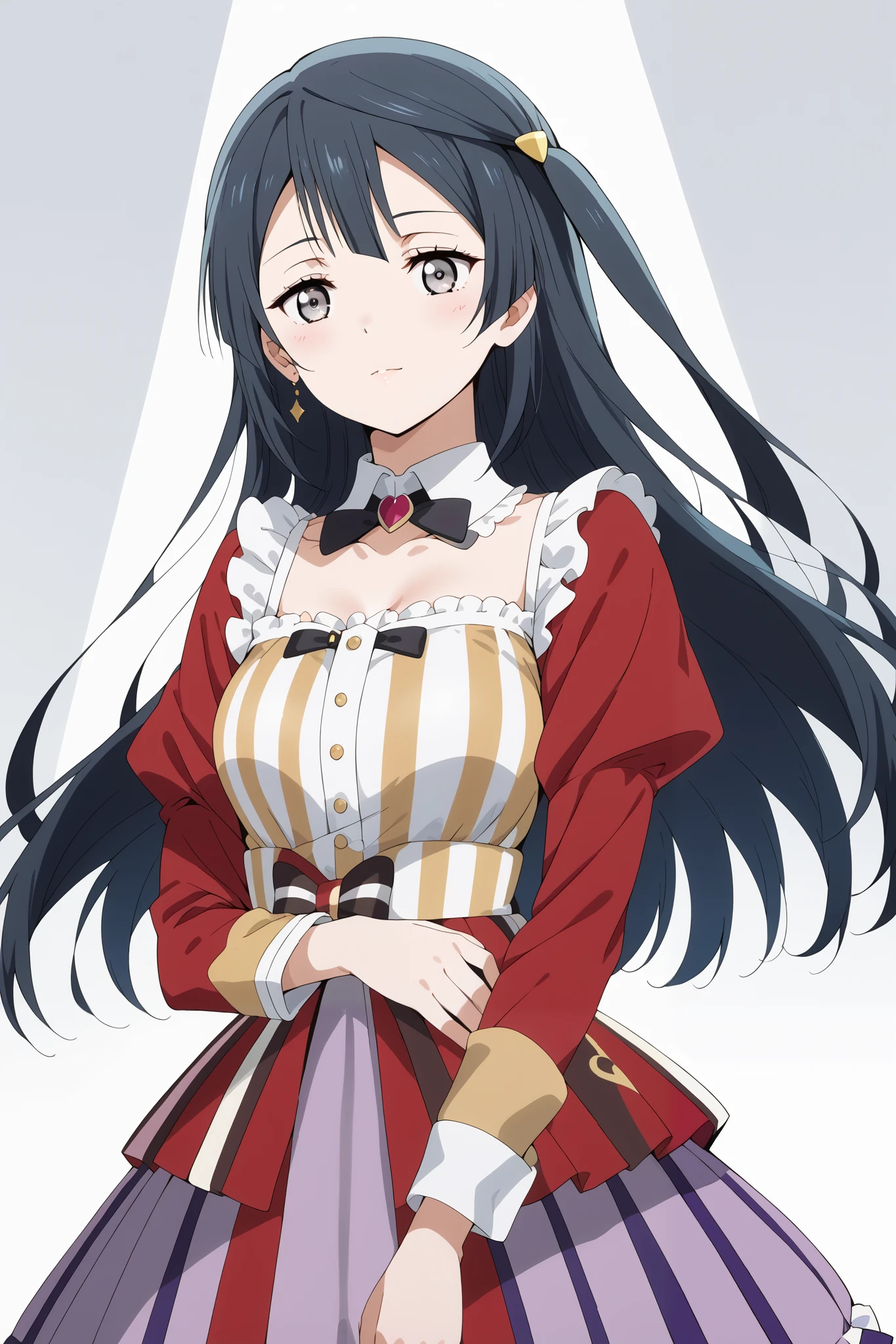 score_9, score_8_up, score_7_up, source_anime, 4K,perfect fingers,(perfect hands, perfect anatomy),prefect lighting, very aesthetic, intricate details,highly detailed background, masterpiece, high quality, best quality,
1girl, setsuna yuuki, yuuki setsuna (love live!), long hair, bangs, black hair, sidelocks, grey eyes, one side up, hair ornament, Large Breast,,
wearing ((detached collar,)),,
((white plain background)), front view,