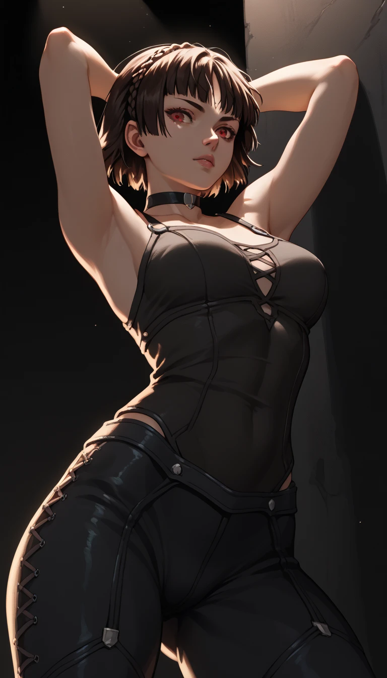 photo of mlp Meowko, RAW, beautiful woman, ((portrait)), ((detailed face:1.2)), ((anime face, anime facial feature, clear skin, glossy anime lips, clear skin), (short messy lesbian haircut, brunette: 1.55), (perfect proportioned body, Strong, muscular, narrow waist, narrow hips, skinny, large breasts), (she is wearing a Short Empire dress, black dress, laced up, coming undone, leather boots, buckles and straps, fishnet stockings), dance club, flashing lights, brick walls, dark atmosphere, (realistic photo, best quality, detailed), (8k wallpaper), (cinematic lighting, beautiful light, (night:1.3)) (sharp focus, intricate)