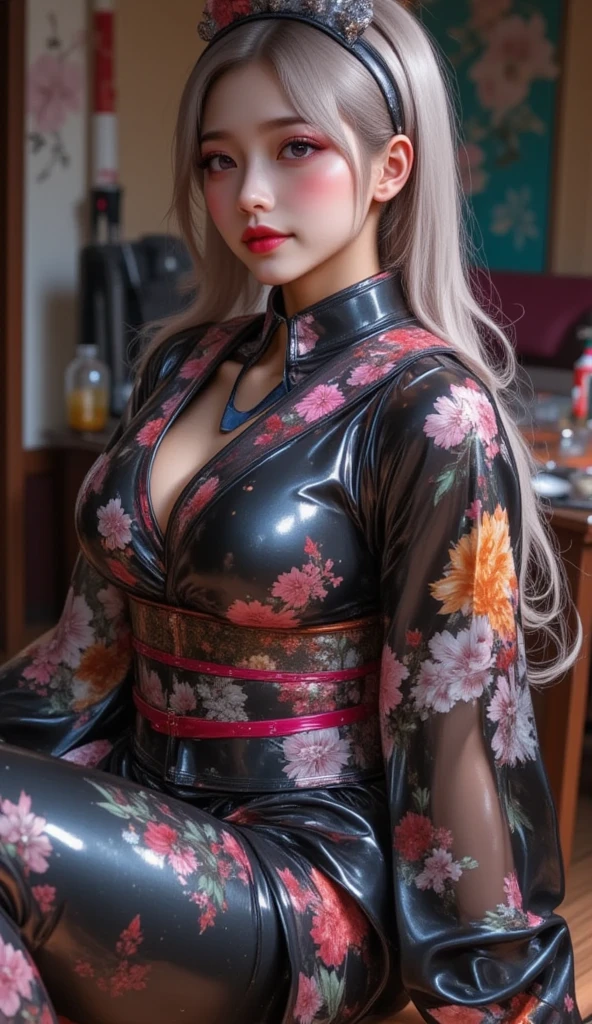 1 Sister, beuaty girl (24 years of age), 摩洛解放阵线, humongous large breast:1.1, Nice face, yellow eyes, Long gray hair, Silver hair color, Long gray hair, through bangs, flower hairpin, cropped shoulders, Skin  very bright, Korean idol makeup, Focus on the pubic hair , Shot from a low position from the front, Show hers, The kinky  exposed, plum, plum, Beautiful curves, ,  scantily clad，The kinky  exposed, humongous large breast:1.1, perfect pubic bone, Best quality, ultra - detailed, The face  very detailed, Detailed faces: 1.2, Round chest, irezumi tattoo style, Tattoos are    , show her thighs , Thigh tattoos, Sexy thighs, Wide hips, plum, plum, stooped, stooped, Harmonious gesture